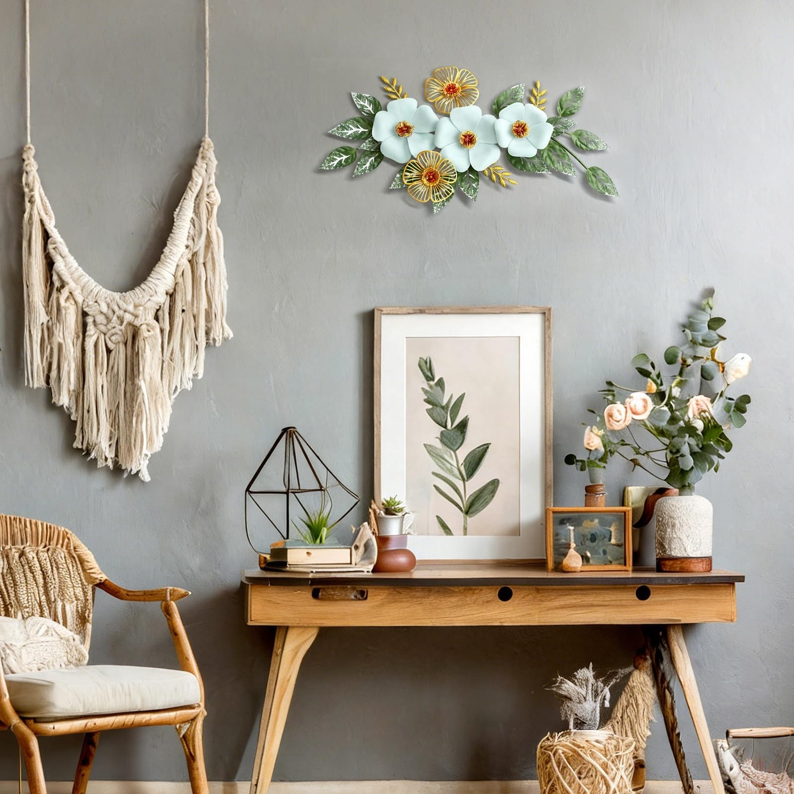 13.7” Metal Flower Wall Decor, 3D Light Blue & Gold Floral Sculpture with Gr…