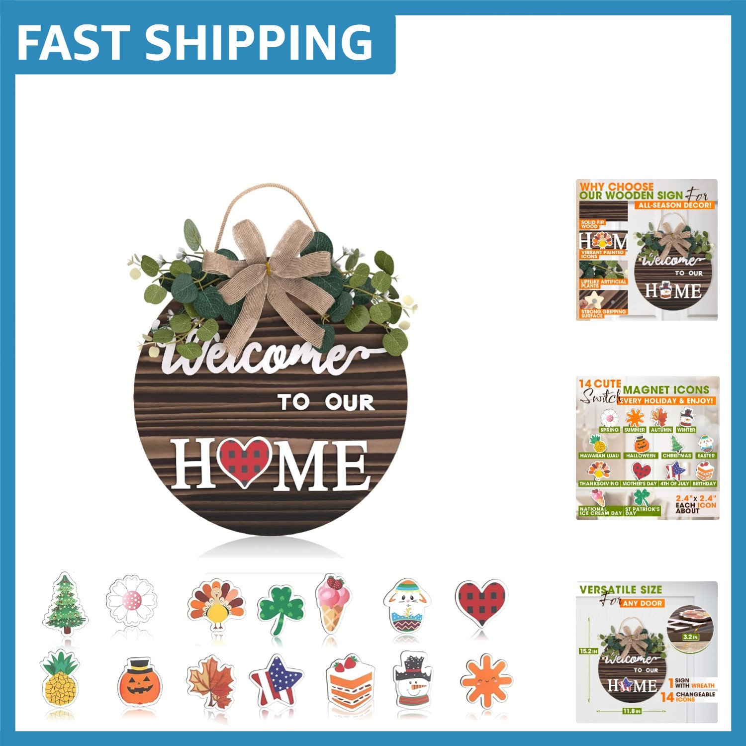 Durable Welcome Sign – Rustic Fir Wood & 14 Magnetic Icons for Indoor/Outdoor