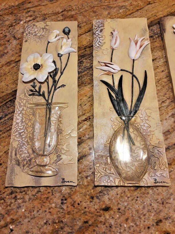 Rare (4) Boem Signed 3-D Resin Floral Wall Plaques W/ Clear Vases – 9.5″x3.25″