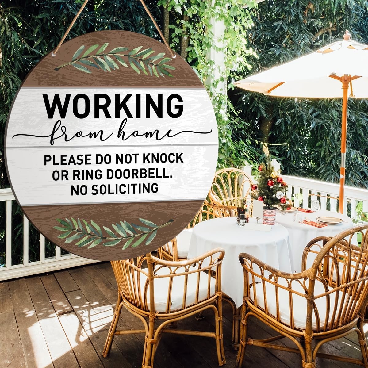 Working from Home Sign, No Soliciting Round Hanging Sign Small Signage, white