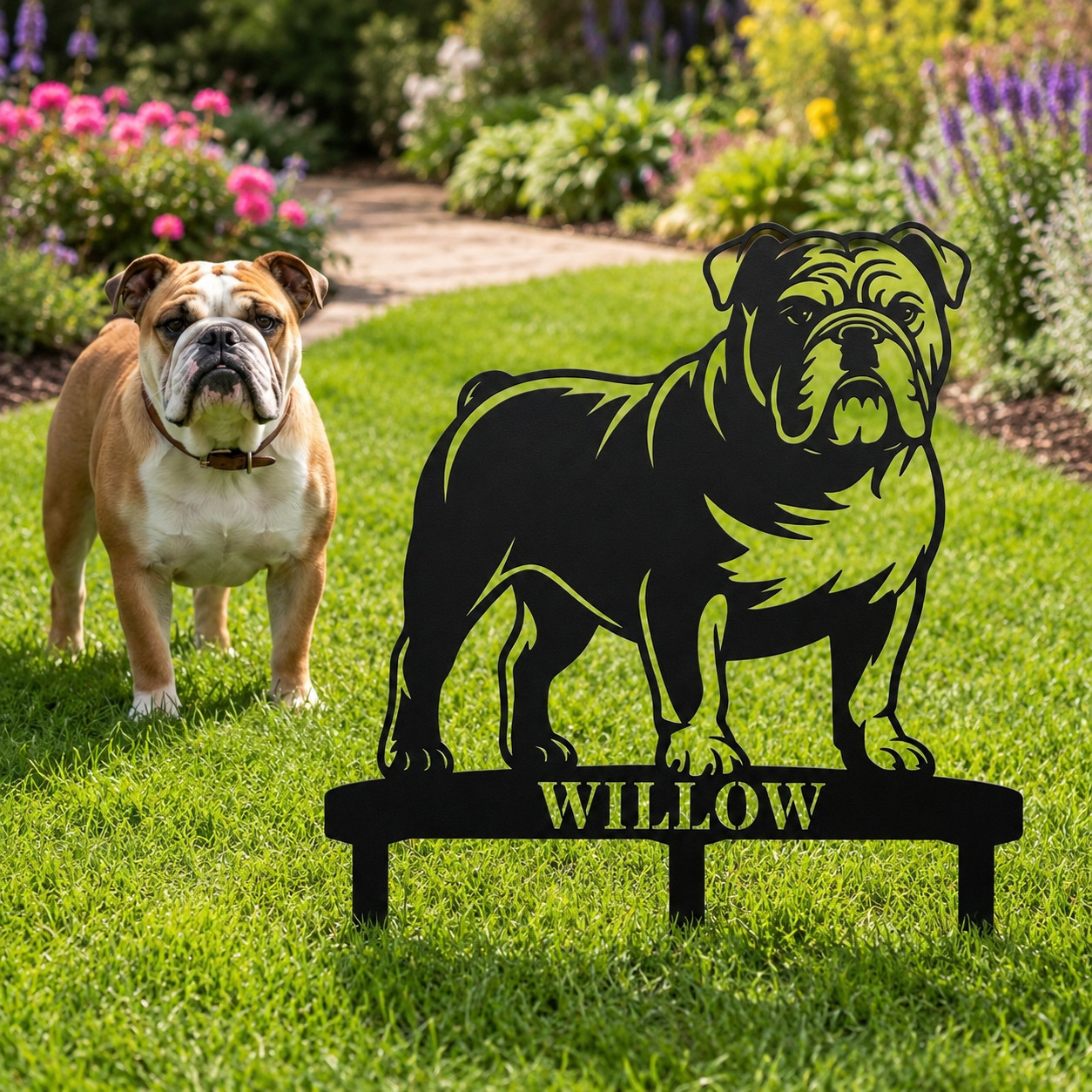 Personalized English Bulldog Garden Metal Sign With Stakes. Dog Lover Name Gift