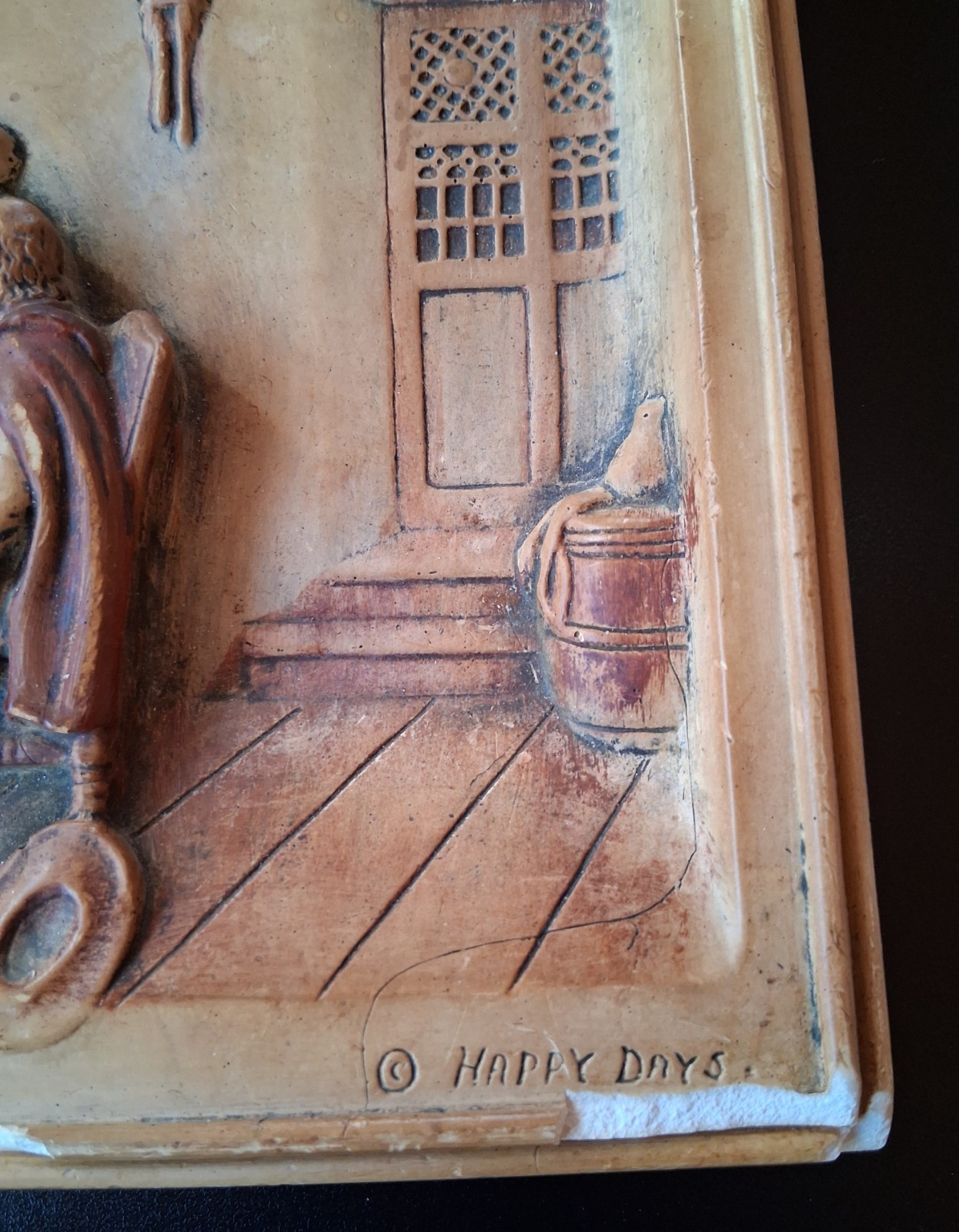 Vintage 3D Plaster Wall Plaque Happy Days Tavern Pub Scene Relief Rustic Bar