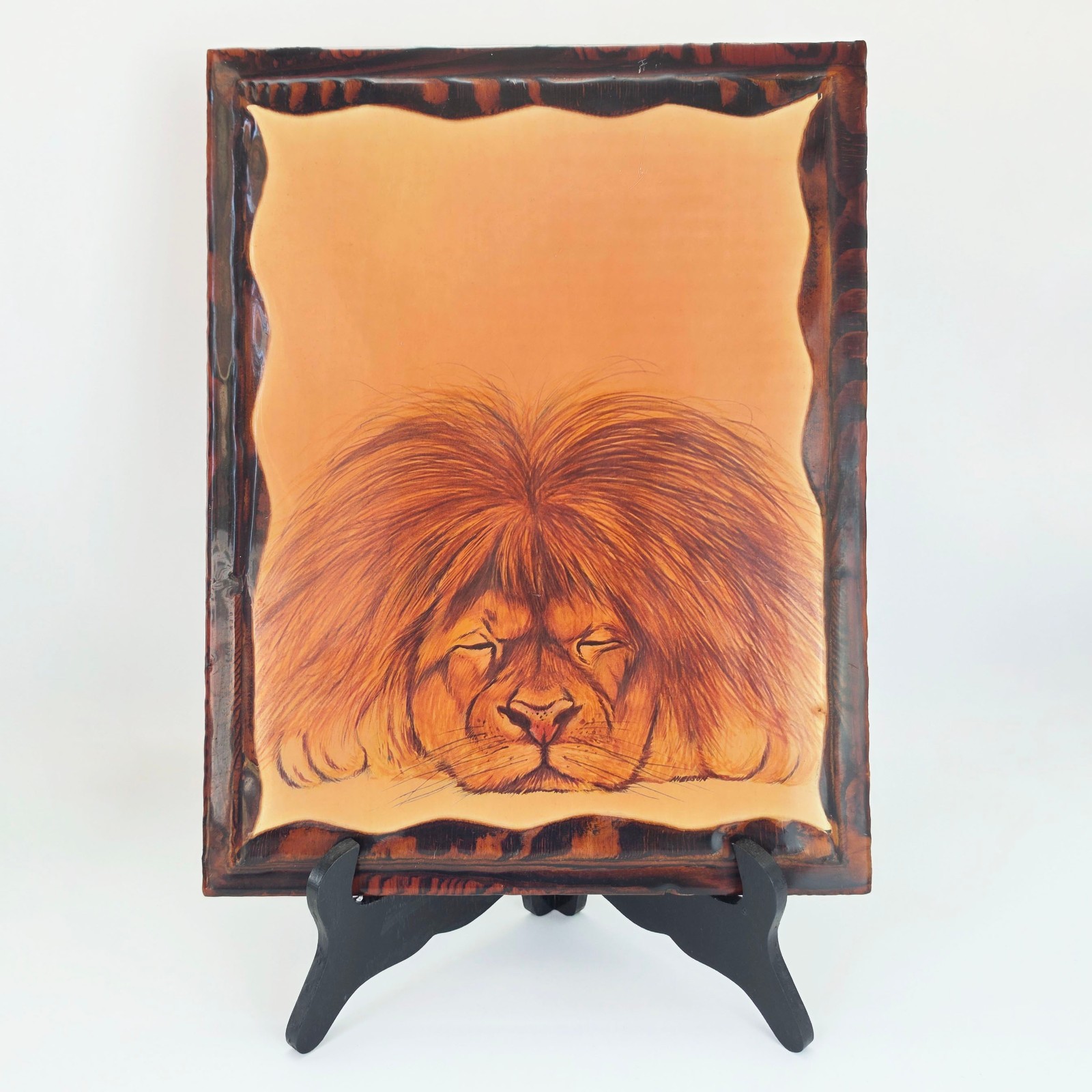 Vtg Larry Nielson Sleeping Lion Print Wood Plaque Edge Wall Hanging Resin 1970s