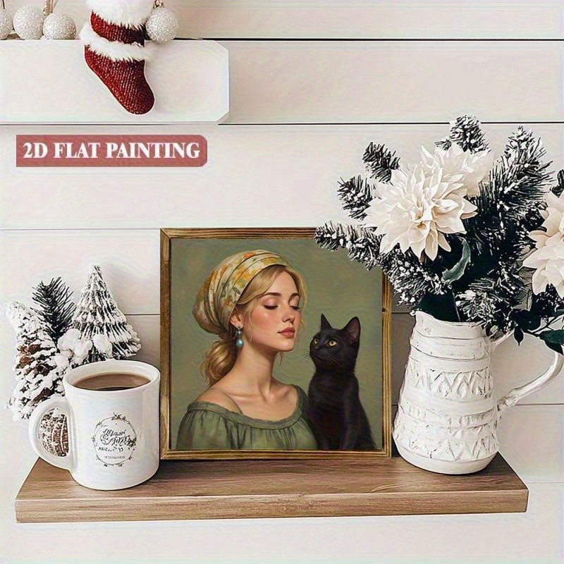 Vintage Portrait Blonde Woman With Black Cat Square Wooden Plaque Romantic Decor
