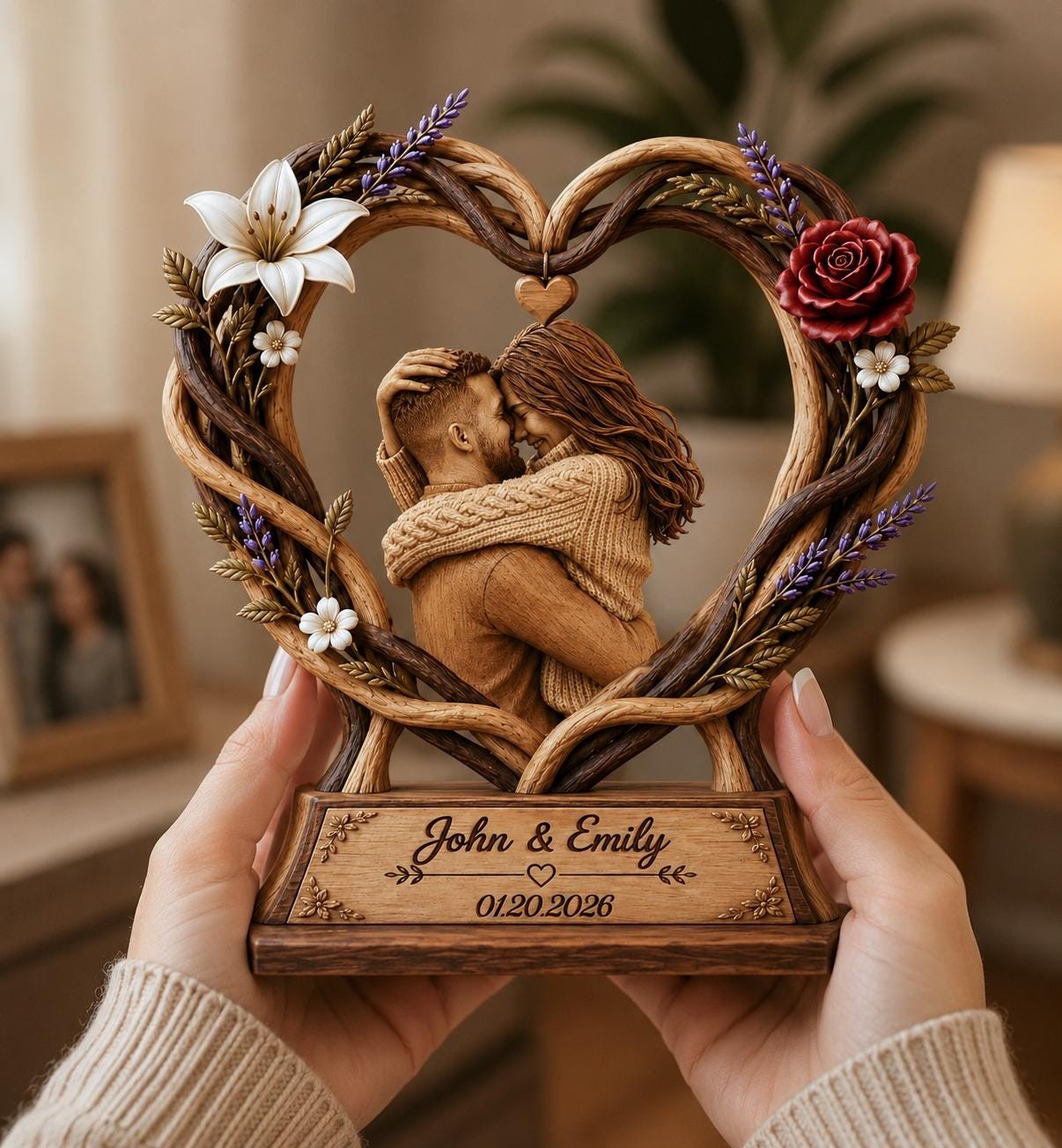 Personalized Couple Photo Heart Wooden Block, Floral Heart Wedding Decor