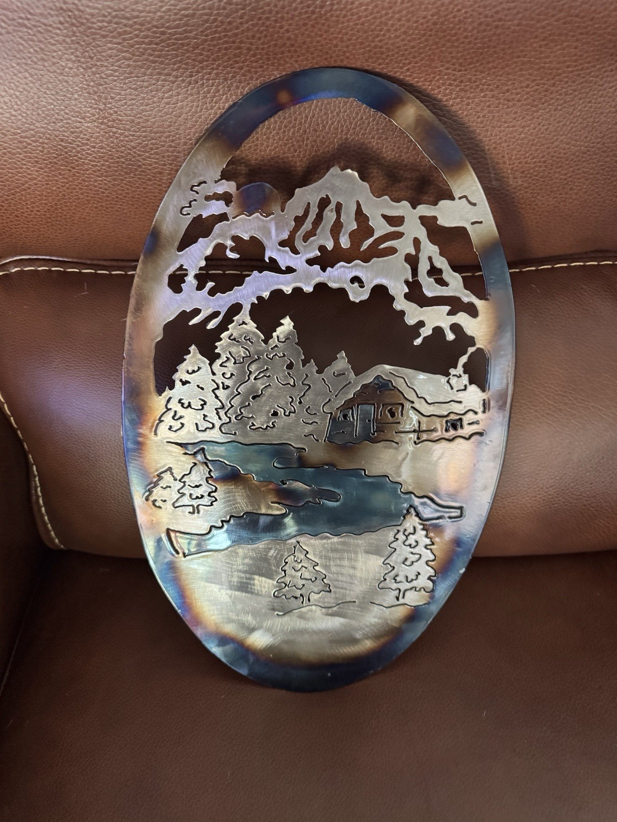 16” Cabin River Metal Trees Wall Art Decor Mountain Pinetree Scene Ready To Hang