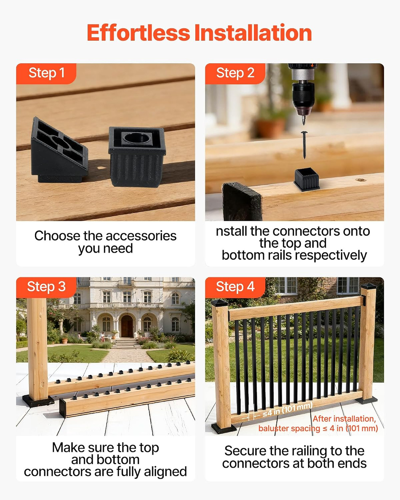 125 Pack Aluminum Deck Balusters 3/4 Inch Square x 26 Inch Long Black Railing