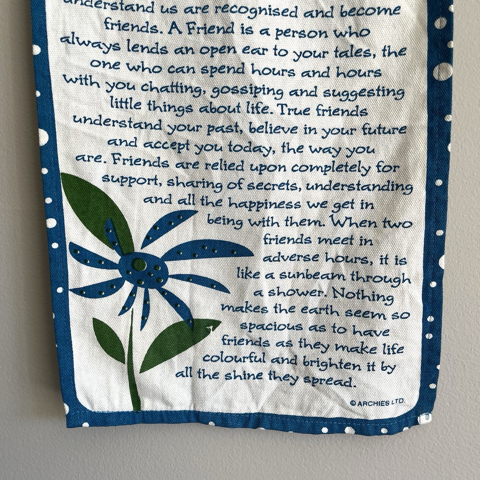 Archies Friendship Fabric Wall Hanging Blue Floral Polka Dot Boho Rustic
