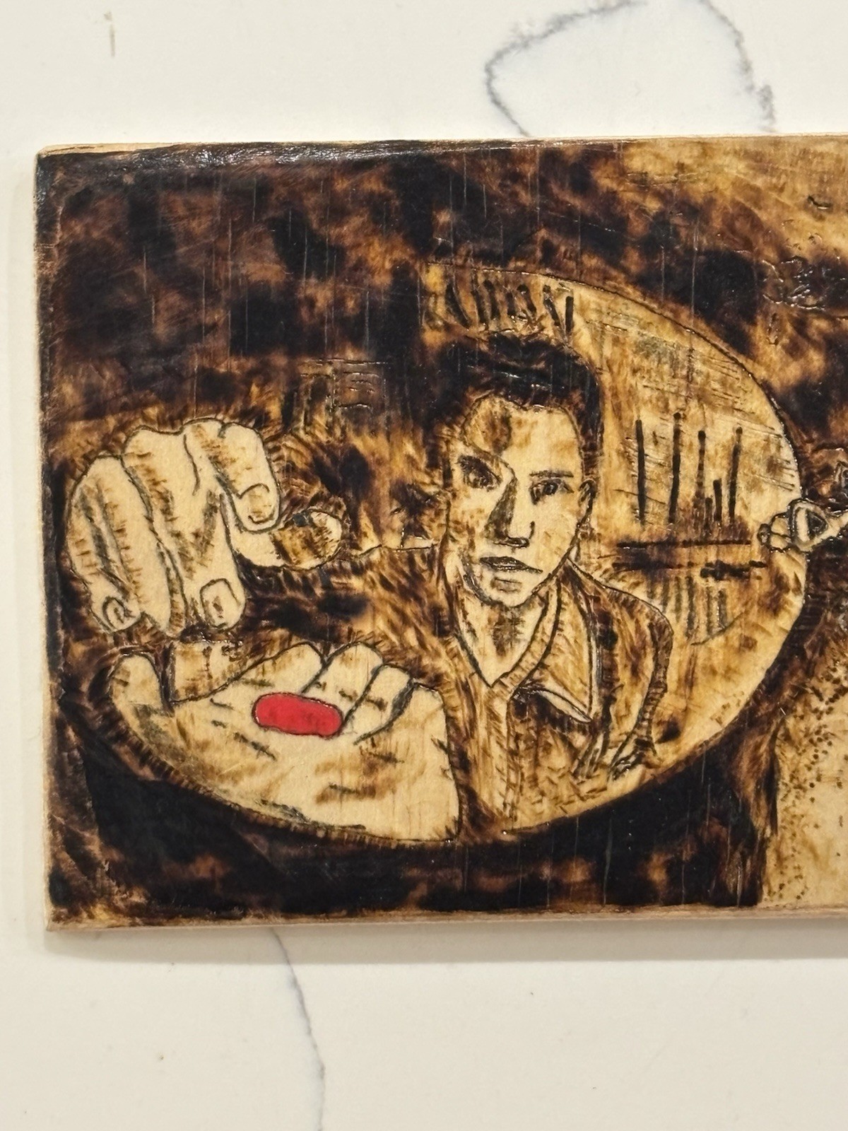 Hand Burned Wood Art Red Blue Pill Matrix Inspired Pyrography 3.75×9 • Neo