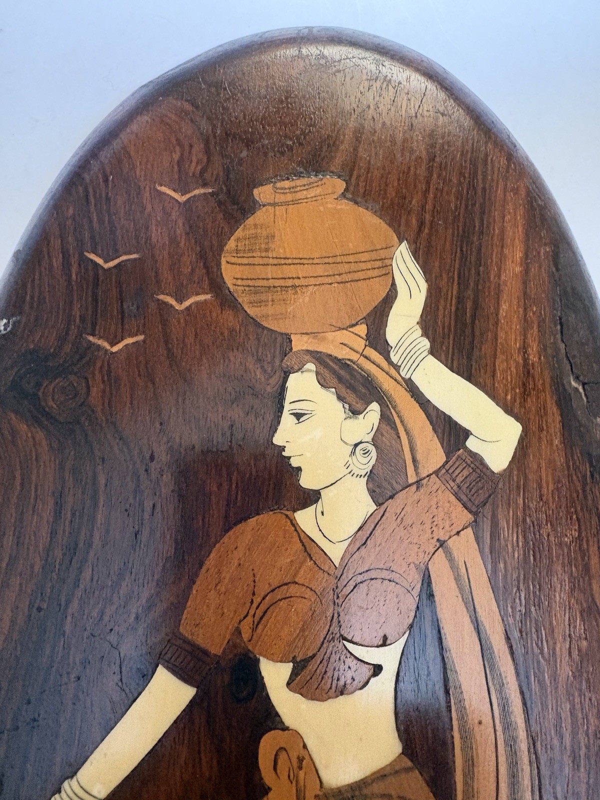 Vintage Indian Handcrafted Wood Inlay Wall Plaque Woman Deer 16” X 7” Boho Decor