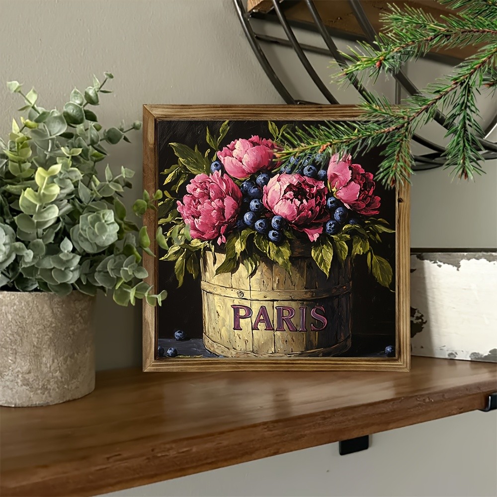 Paris Peony Bucket Wooden Plaque French Cottagecore Floral Home Decoration Gift