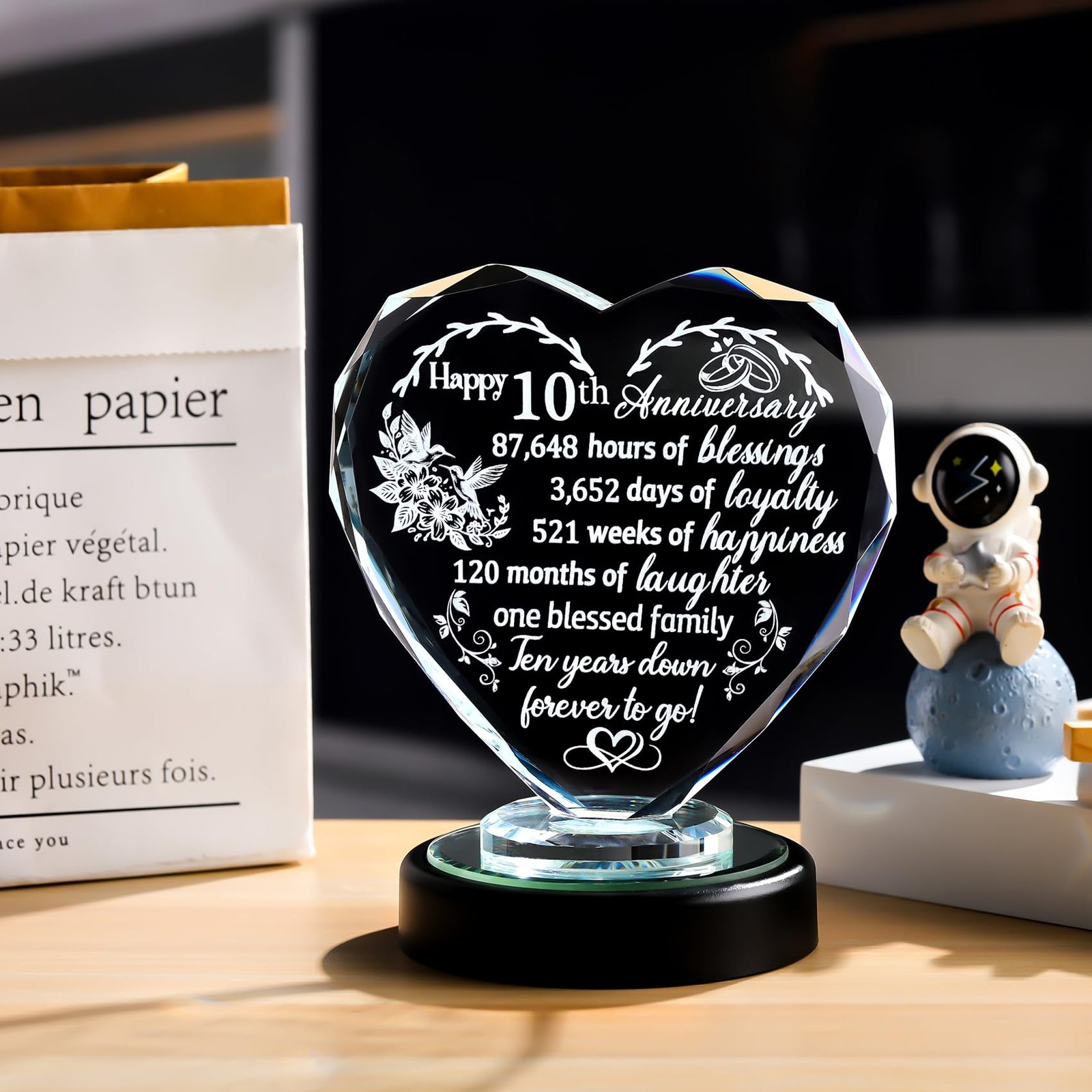 10th Wedding Anniversary Heart Gifts for Women, Wife, Couple, Crystal 10 Year…