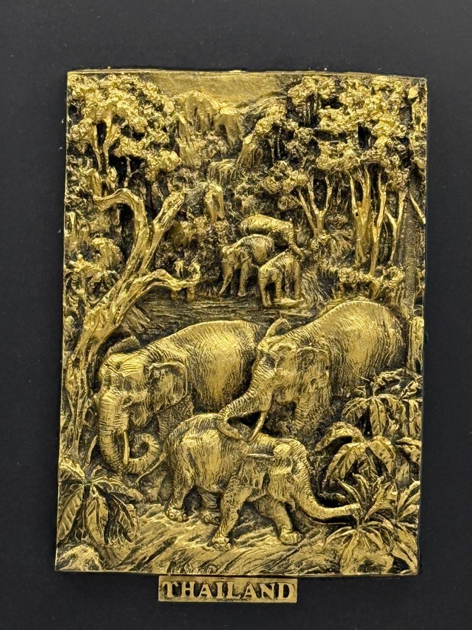 3D Gold Tone Elephant Jungle Relief Plaque Framed Art Thailand Souvenir Decor