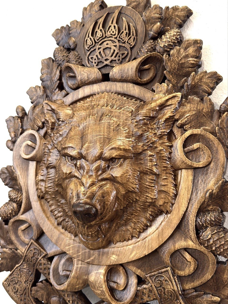 Wolf Wooden carved Wall Plaque Viking Axes Celtic Norse Mythology Relief Decor