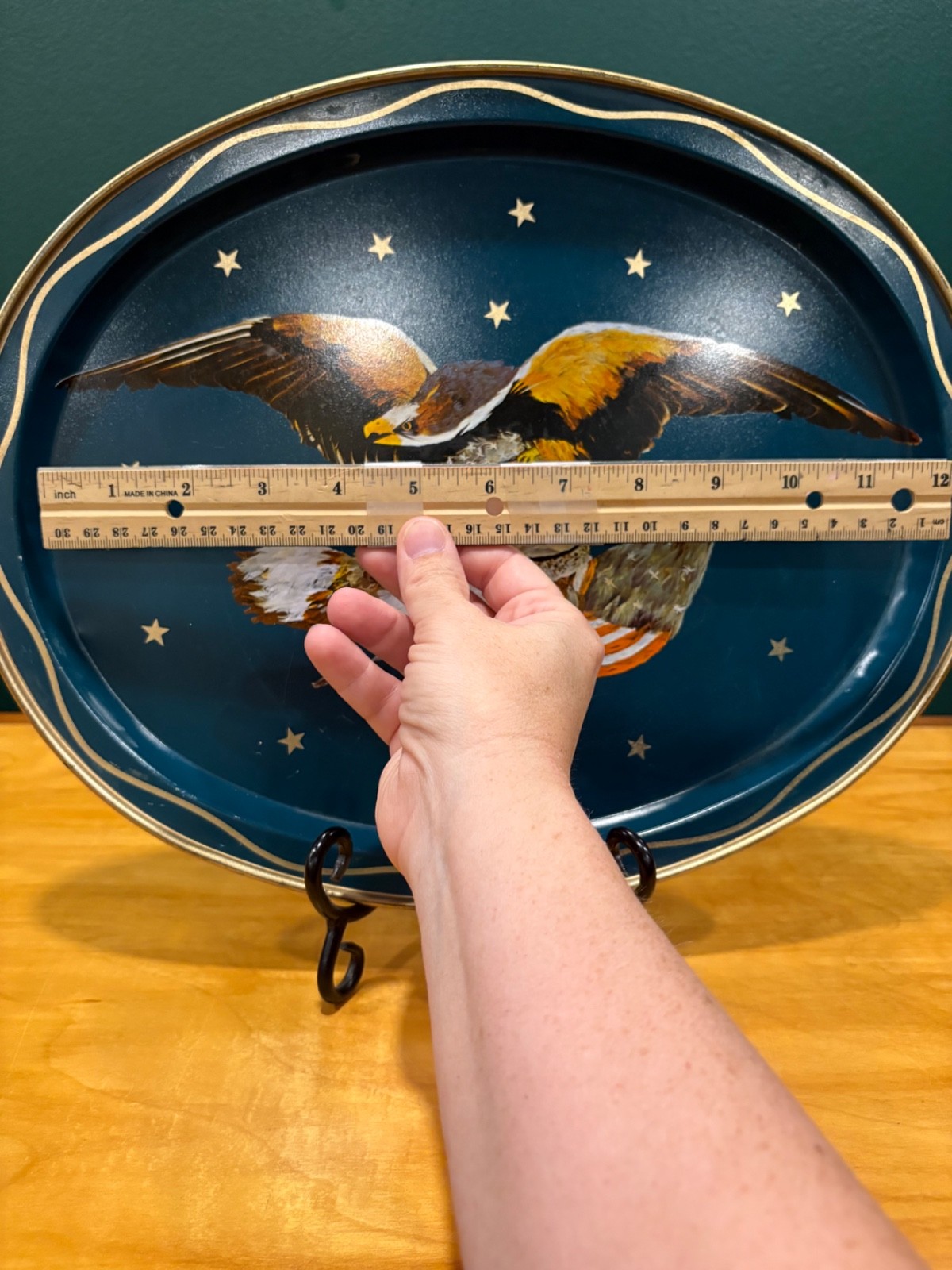 Vintage Americana Metal Try with Bald Eagle and Flag 12 inches wide Patriotic