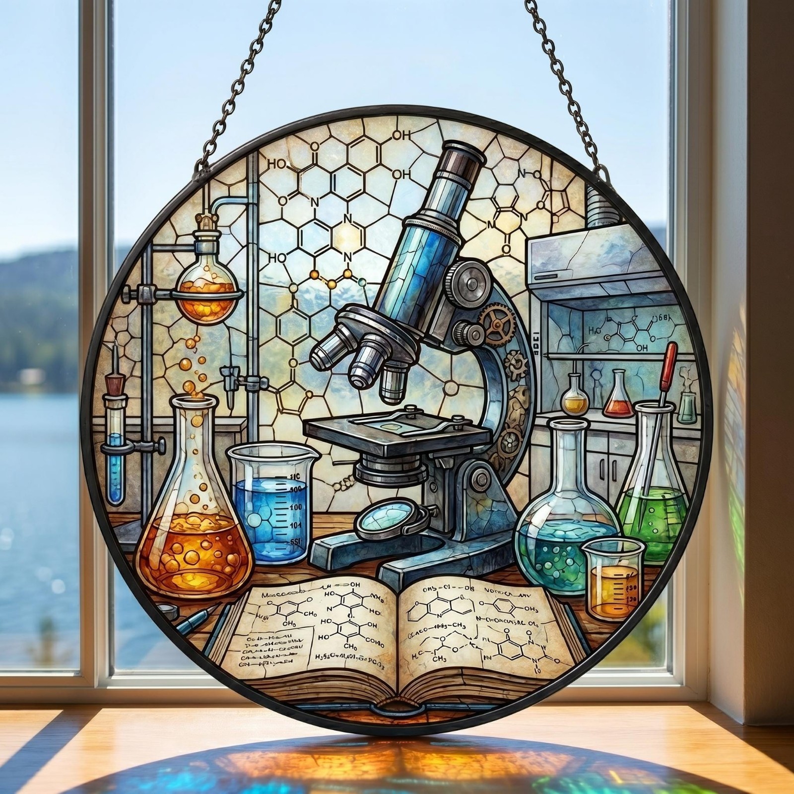 Science Lab Stained Glass Suncatcher Microscope Window Hanging Gift
