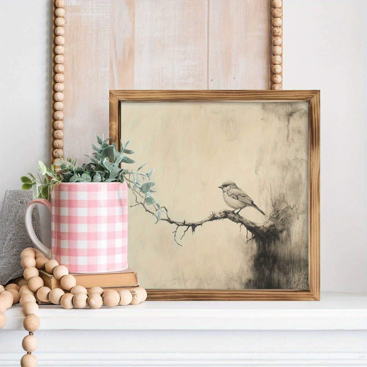 Vintage Bird Sketch Framed Art Retro Woodland Animal Wall Decor for Home Bedroom