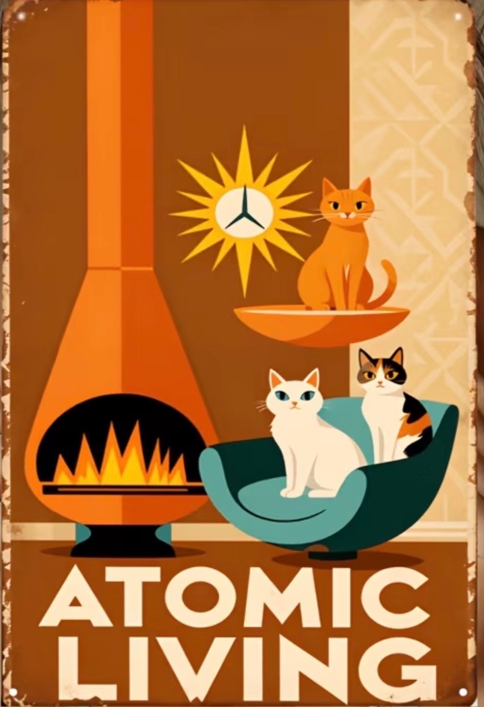 ATOMIC LIVING- Wall Art 8X12 Inches metal Sign, Mid Century Modern-NEW
