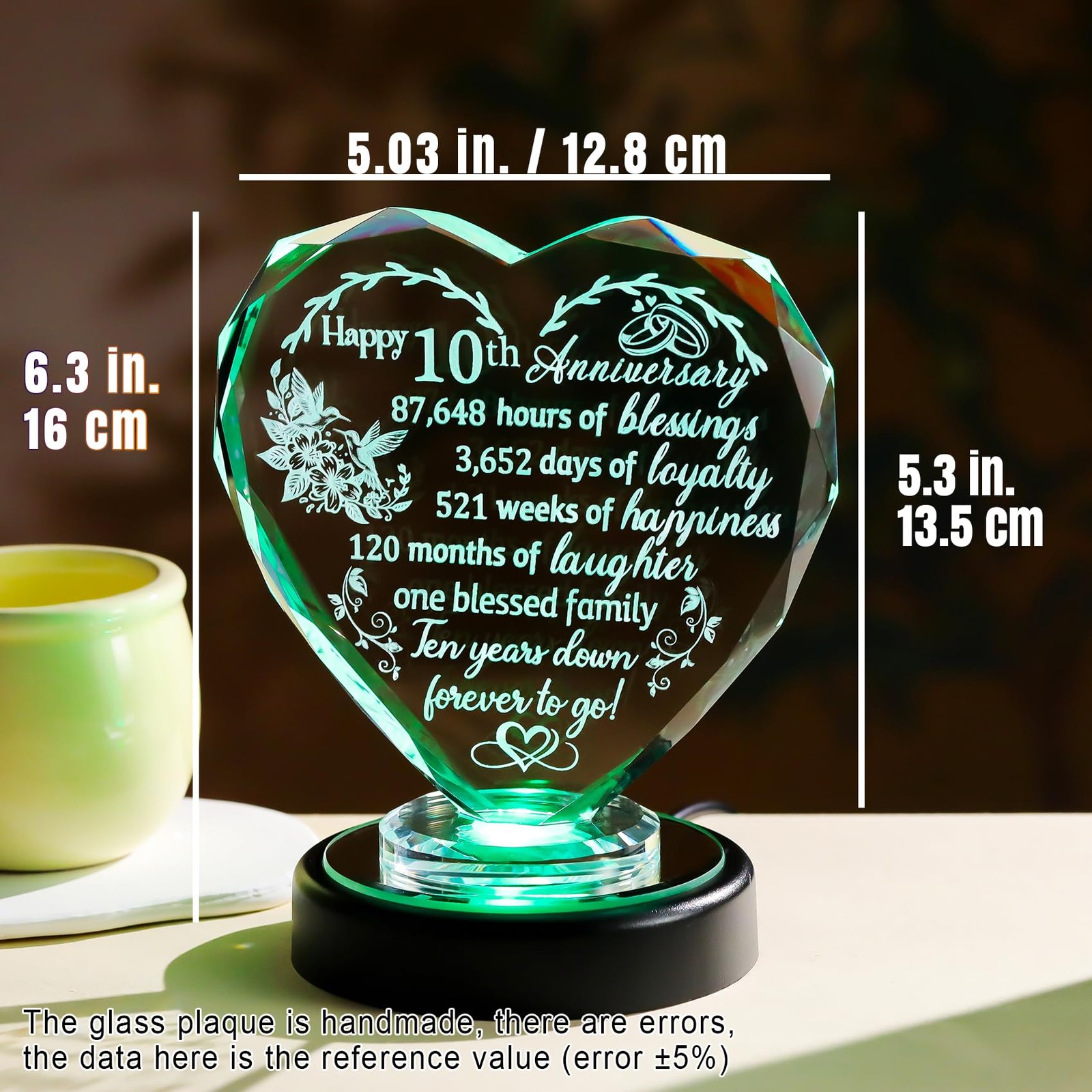 10th Wedding Anniversary Heart Gifts for Women, Wife, Couple, Crystal 10 Year…