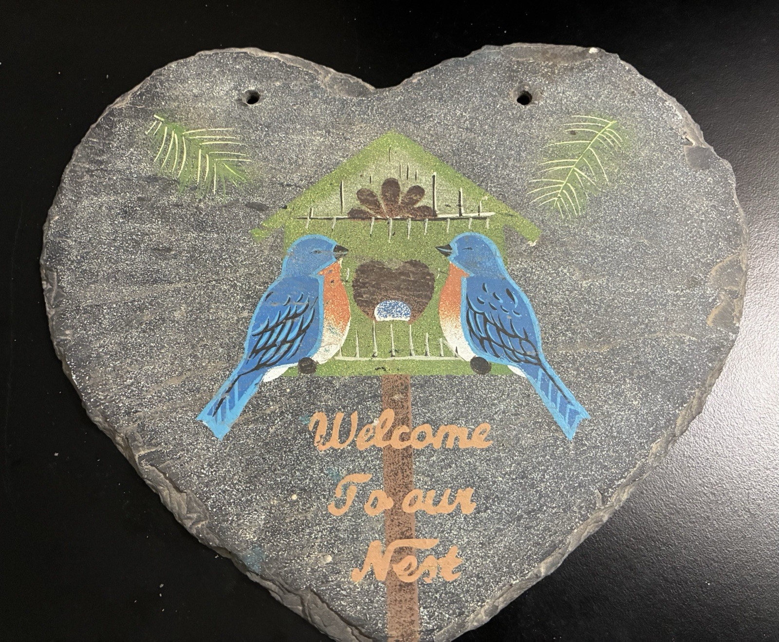 Vintage BLUEBIRDS Hand Painted Slate Stone WELCOME Wall/Door Sign GARDEN ART EUC