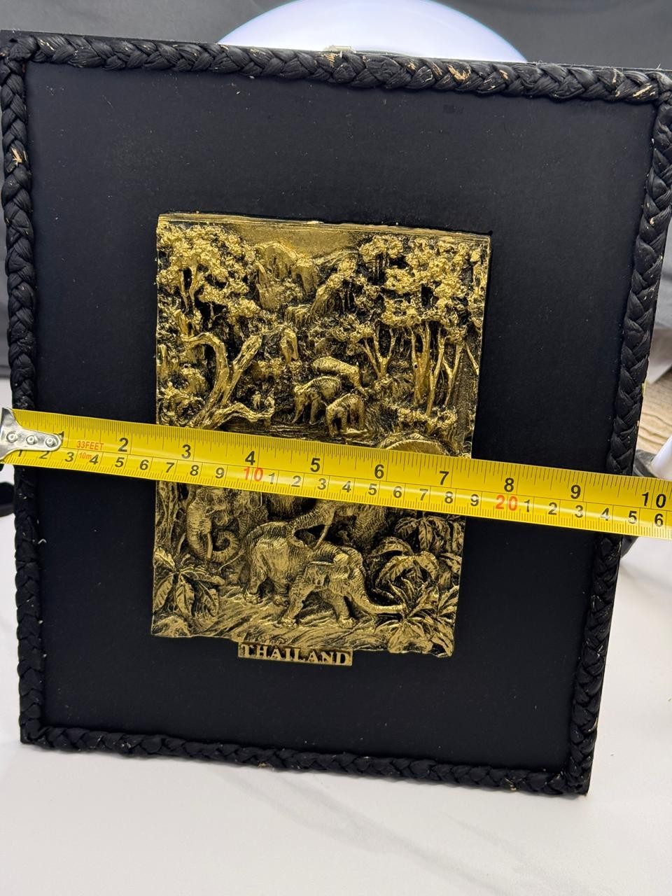3D Gold Tone Elephant Jungle Relief Plaque Framed Art Thailand Souvenir Decor