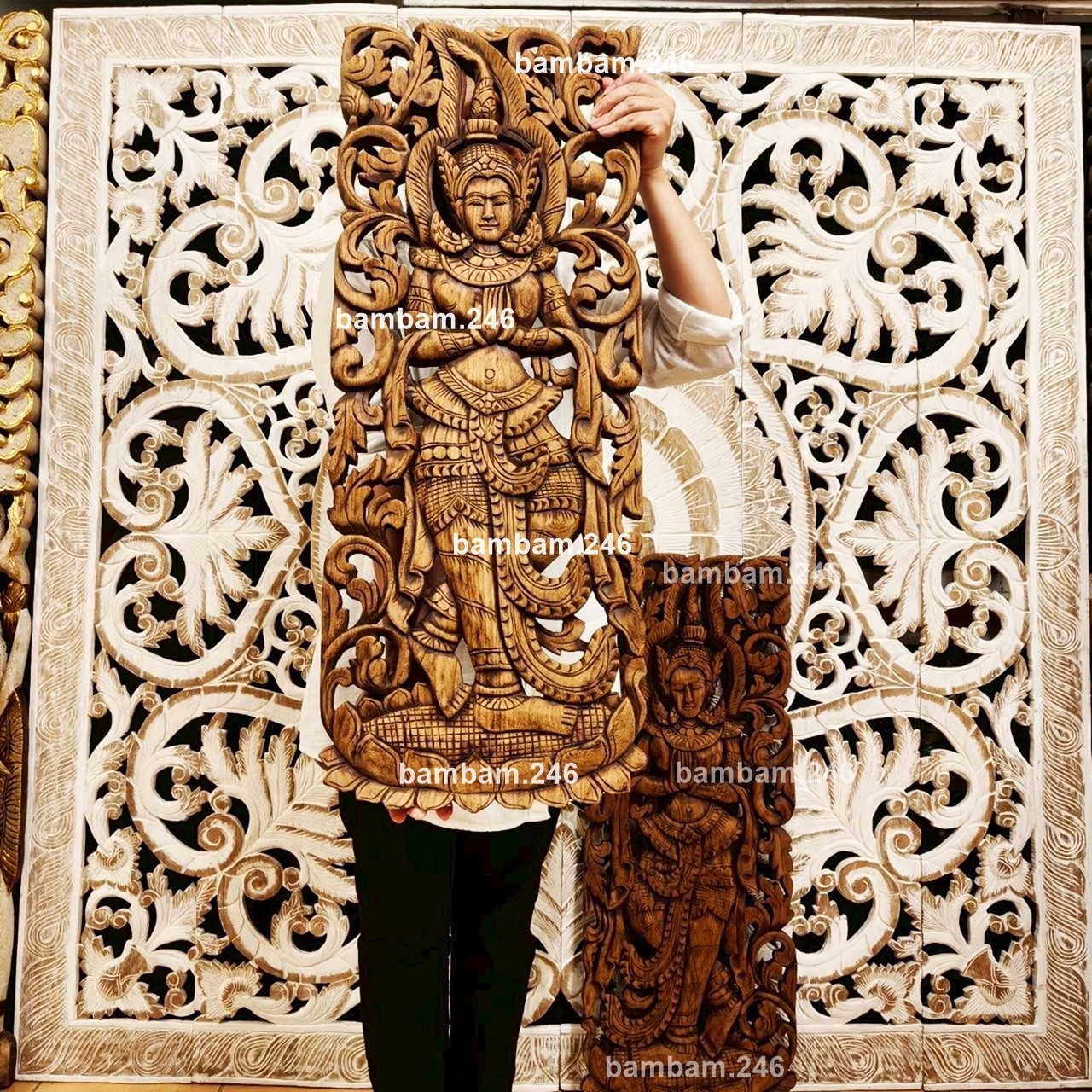 Set of 2 Thai Teak Wood Carved Wall Art Panel Thepphanom Angel Home Decor Spirit