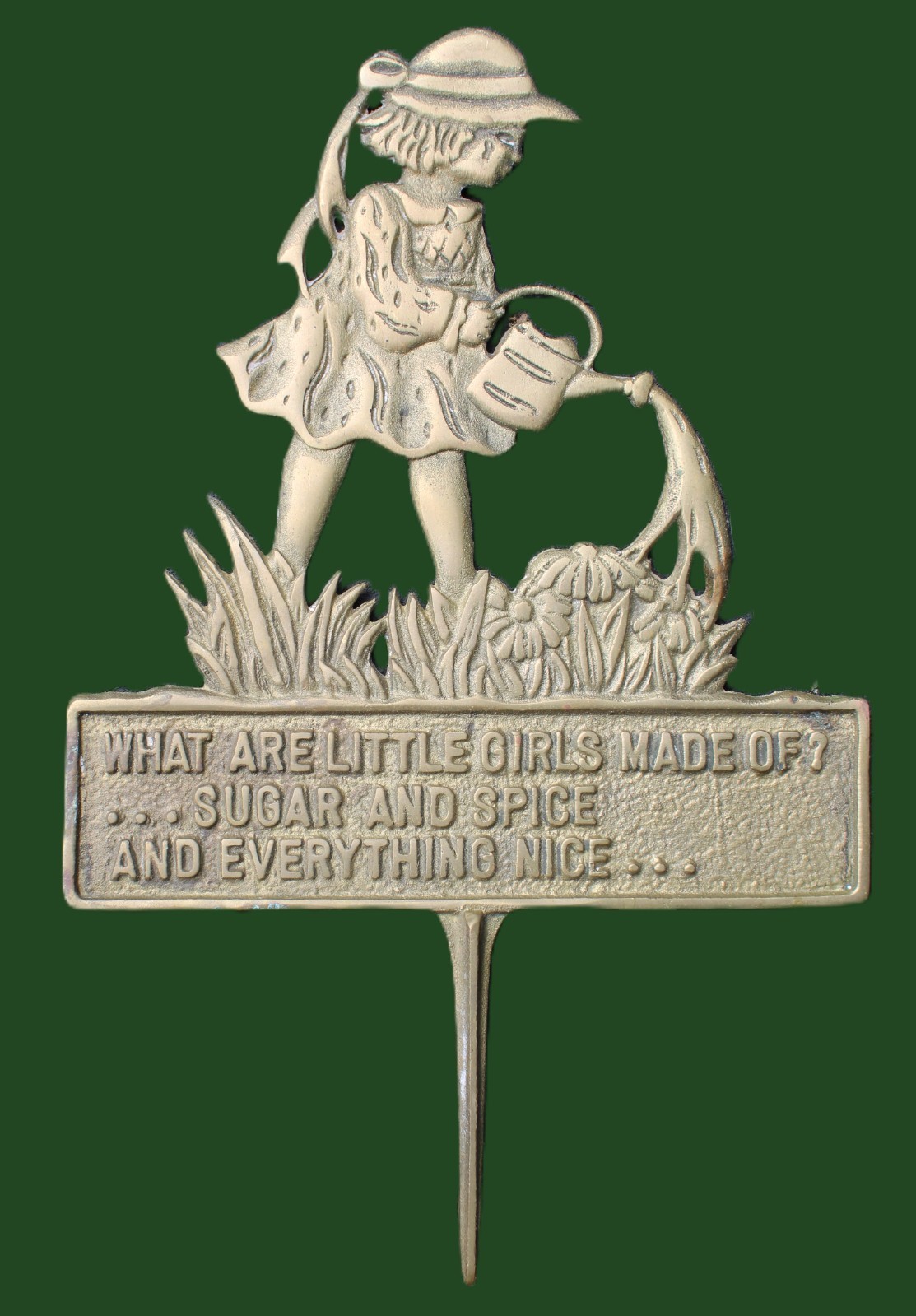 VINTAGE BRASS METAL GARDEN PLAQUE STAKE SIGN 1990s WHAT LITTLE GIRLS ARE MADE OF