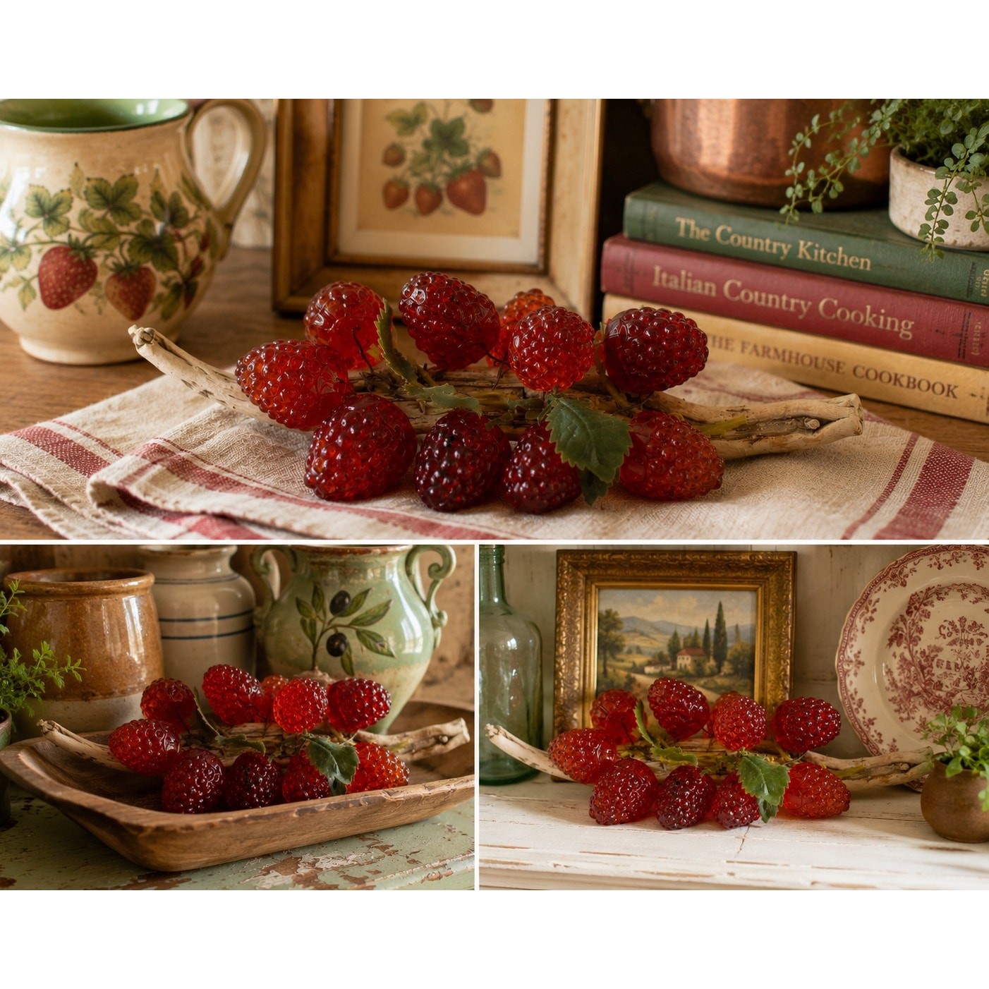 Vintage Faux Strawberry Branch 12 Red Acrylic Berries Rustic Cottage Decor