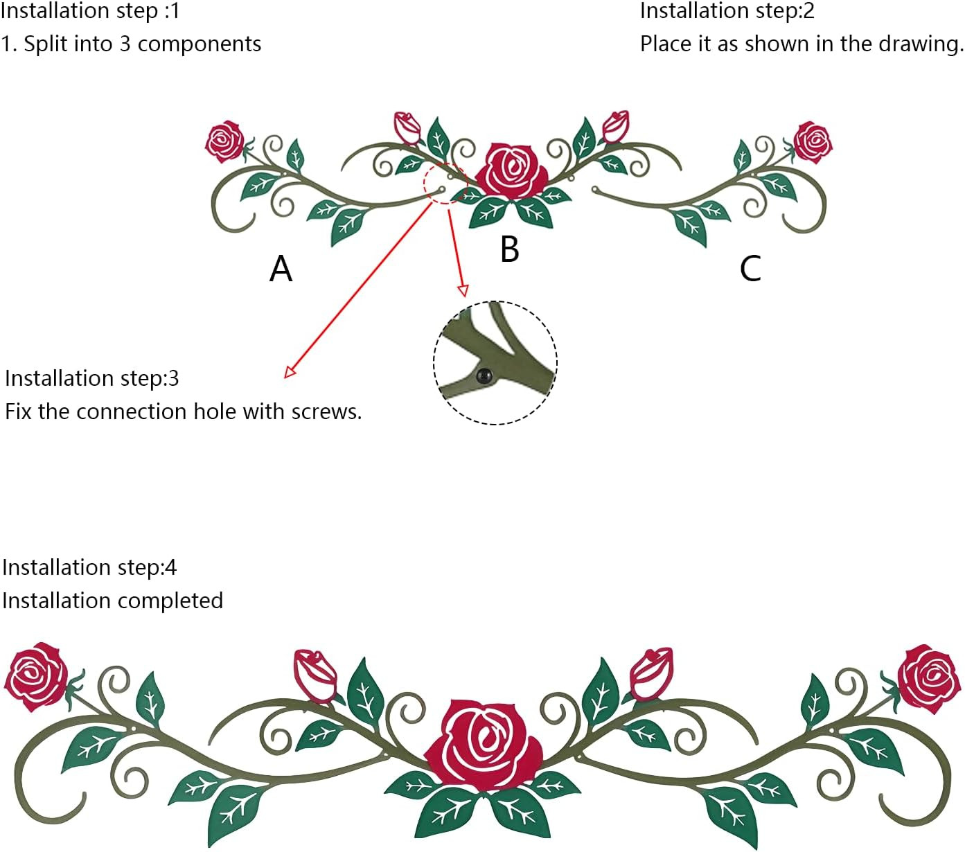 Large Metal Rose Wall Decor，Long Iron Scroll Vine Wall Art Above，Rustic