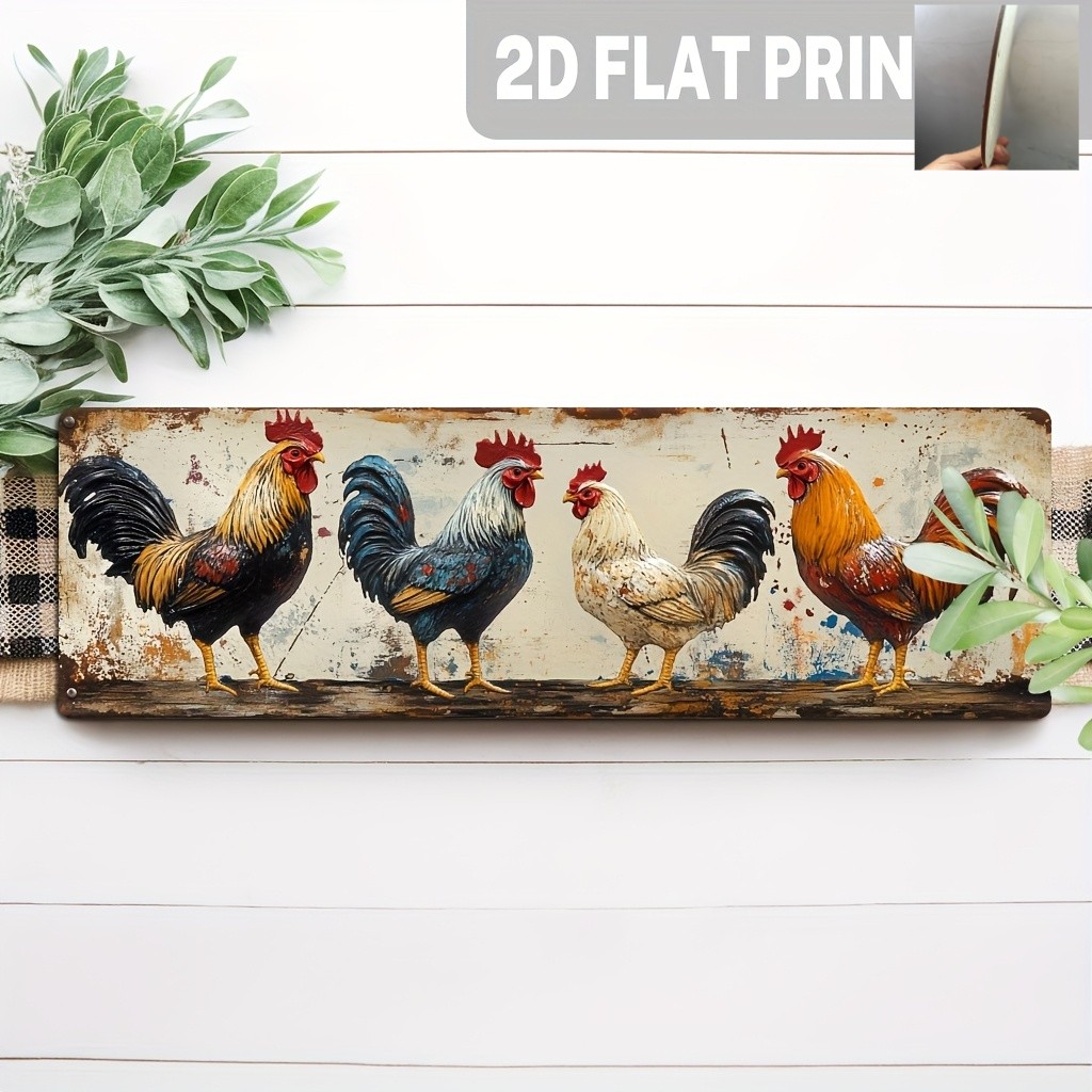 Colorful Roosters Metal Tin Sign Farm Animal Long Plaque Wall Hanging Decoration