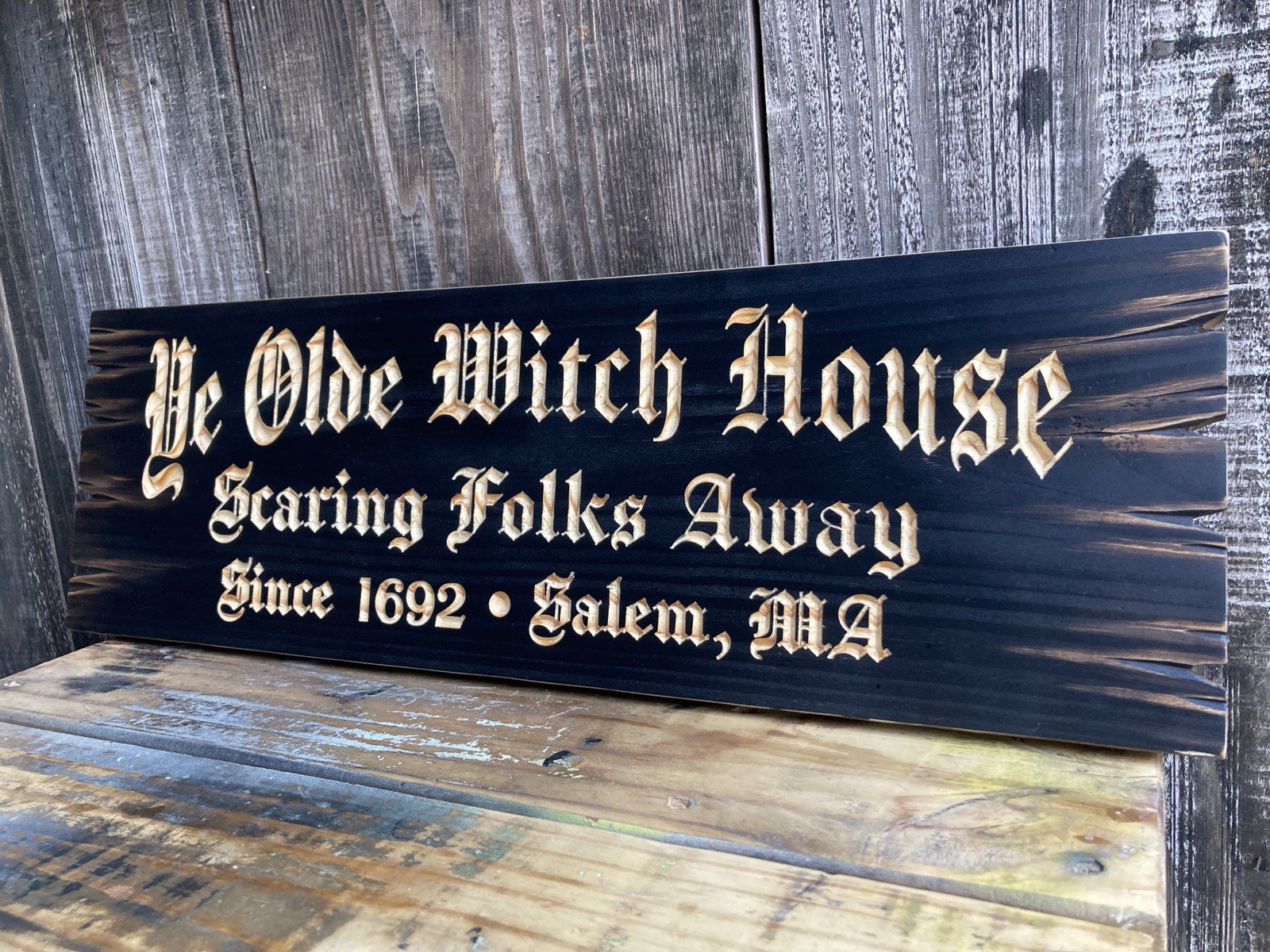 Halloween Salem Witch House Wooden Sign Carved Rustic Antique Look