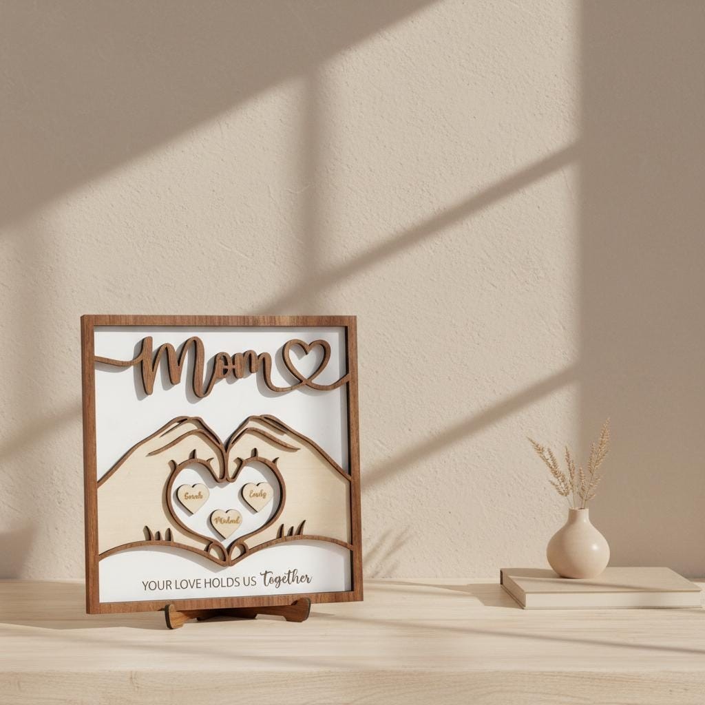 Personalized Mom Family Wood Sign – Custom Names Heart Hands Mother’s Day Gift