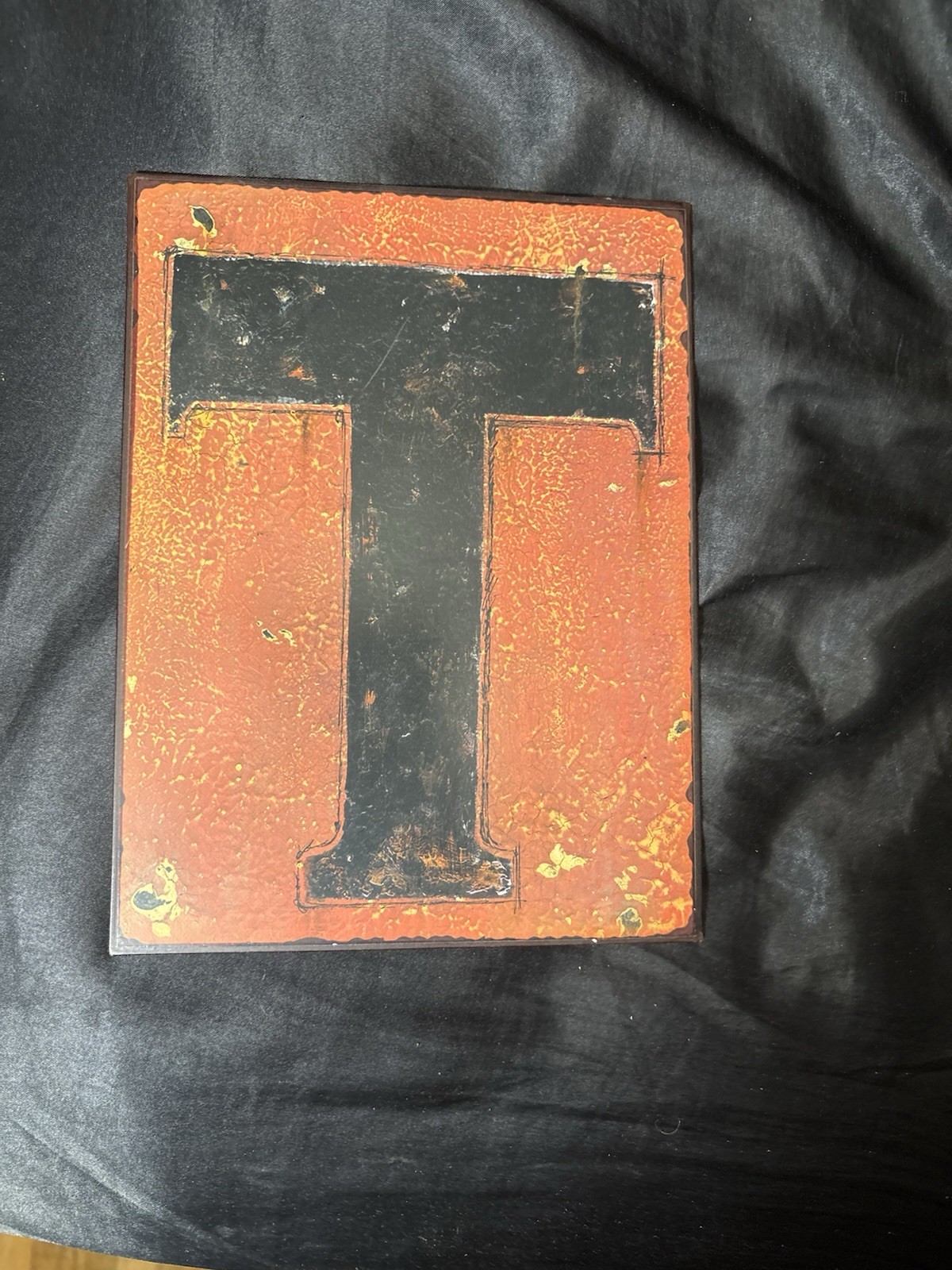 Distressed Metal Letter T Decorative Wall Sign Plaque Orange Black Vertical