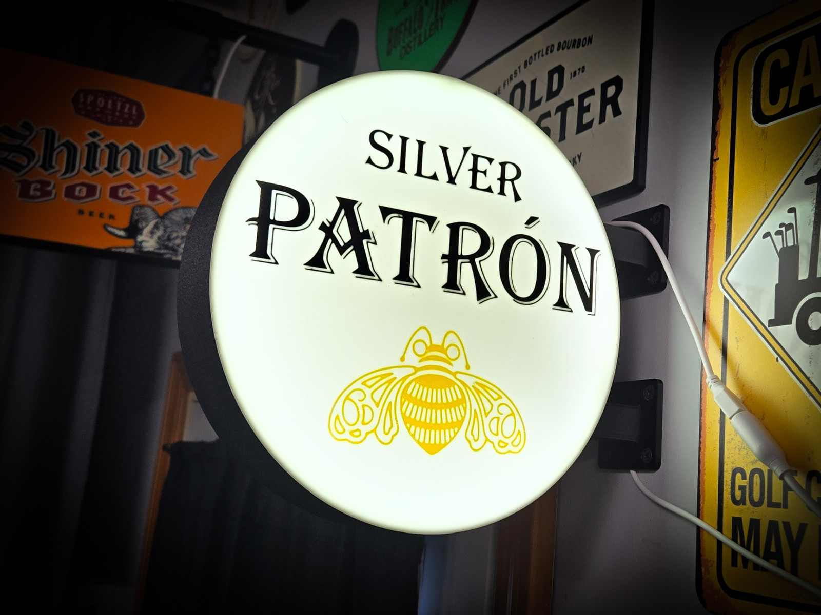 Silver Patrón LED Lightbox Sign 3D Printed Round Wall Mount Man Cave