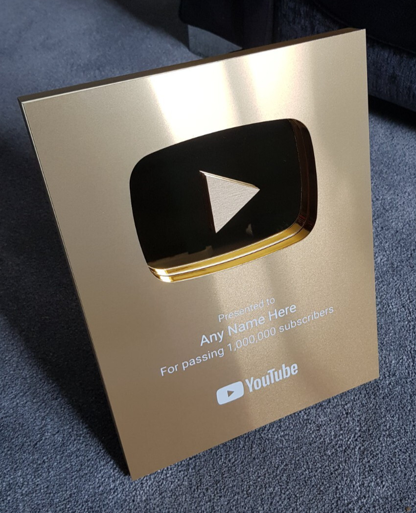 YouTube Play Button Silver Gold Personalised Custom Award Wall Plaque