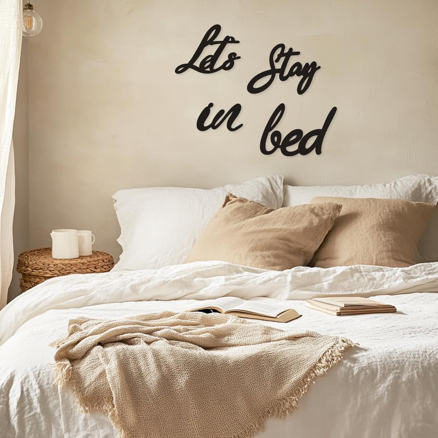 Lets Stay in Bed Wooden Sign, above Bed Wall Decor Master Bedroom Art | Cozy Gue