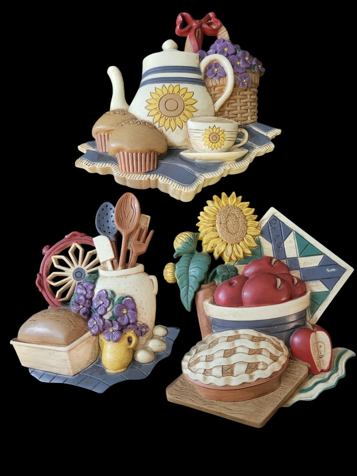 Home Interiors Set of 3 Molded Resin Kitchen Wall Decor Apple Pie Sunflower Vtg