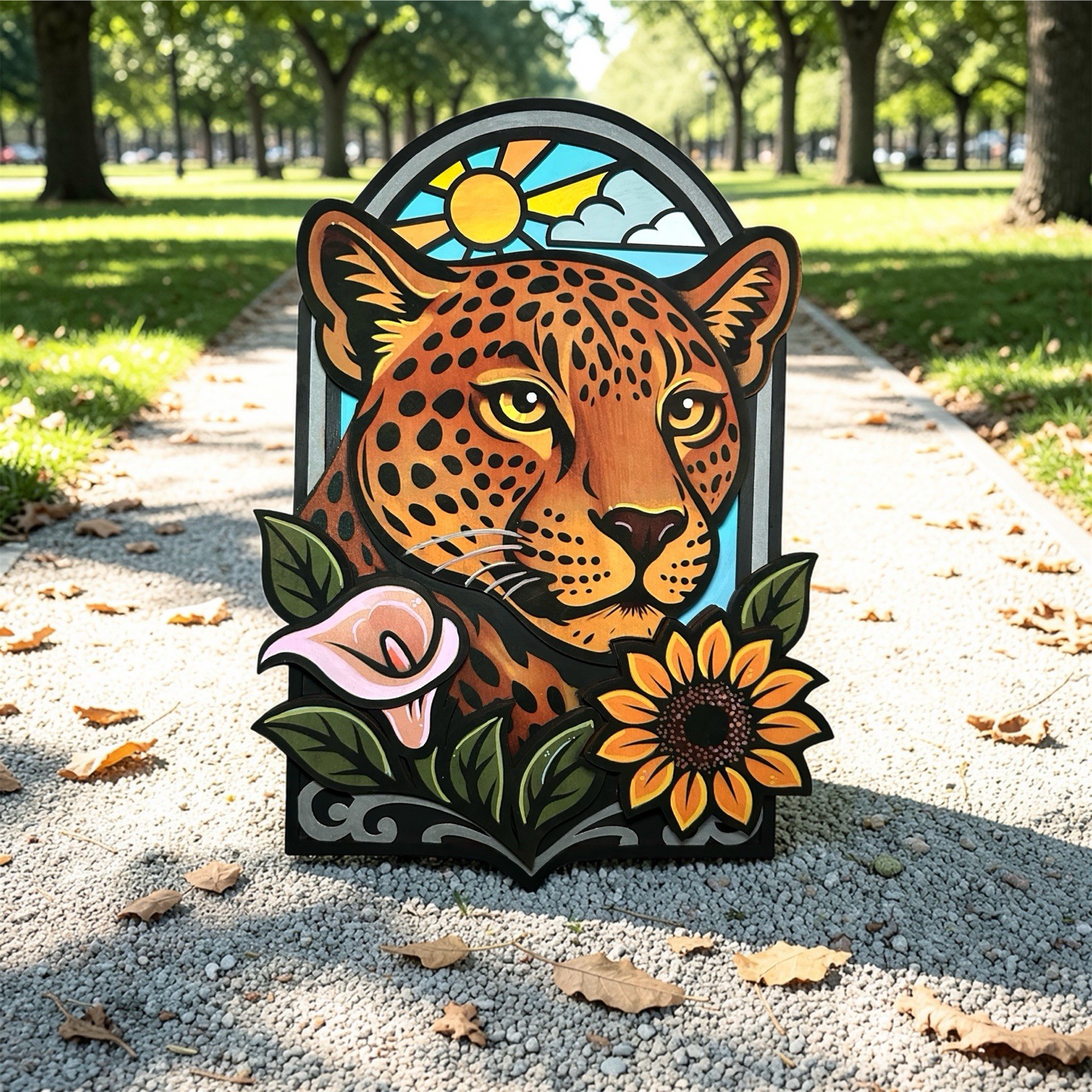 Handmade Leopard Floral Sun Arch Wooden Wall Decor Plaque | 3D Effect