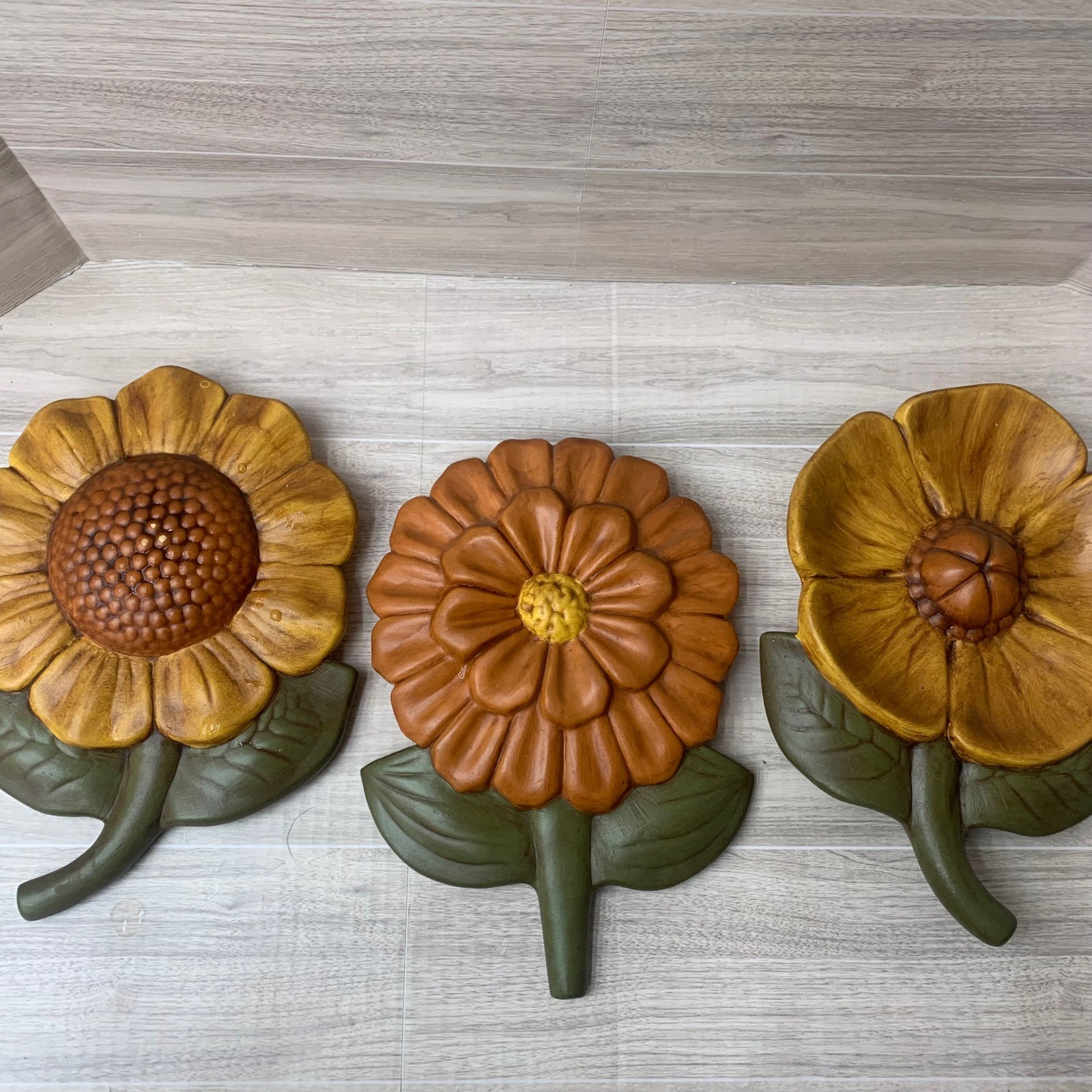 Vintage 70s Style Floral Wall Decor Set 3 Sunflower Zinnia Poppy Retro Flowers
