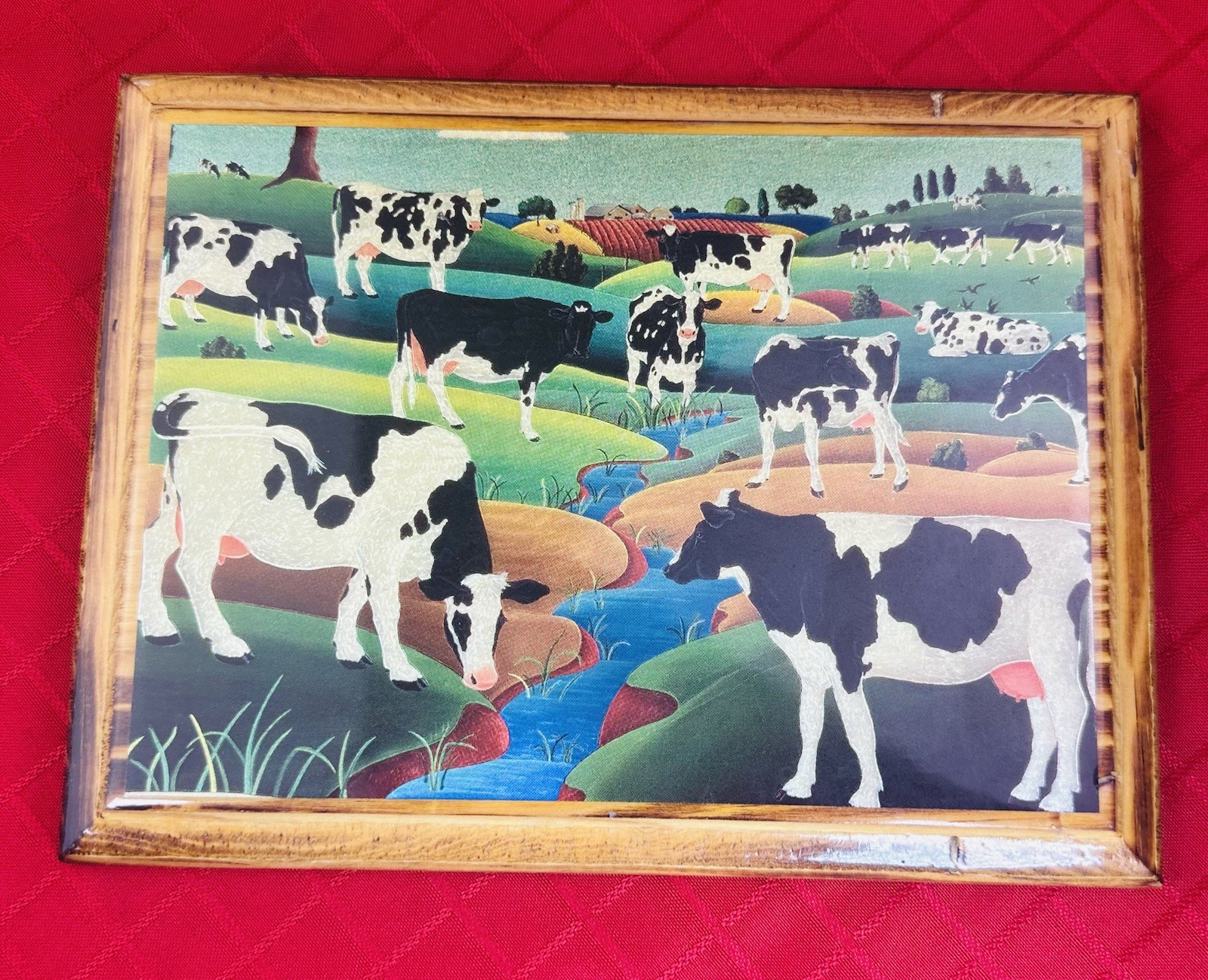 Vtg 1970s Embossed Foil Farm Cows Pastoral Landscape Wood Plaque 8.5×6.5