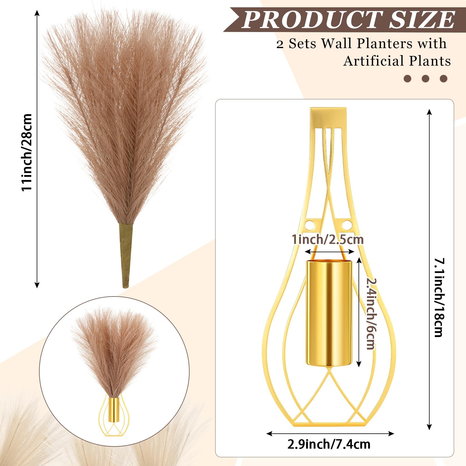 2 Pieces Hanging Plant Wall Decor with Artificial Pampas Grass Metal Hanging …