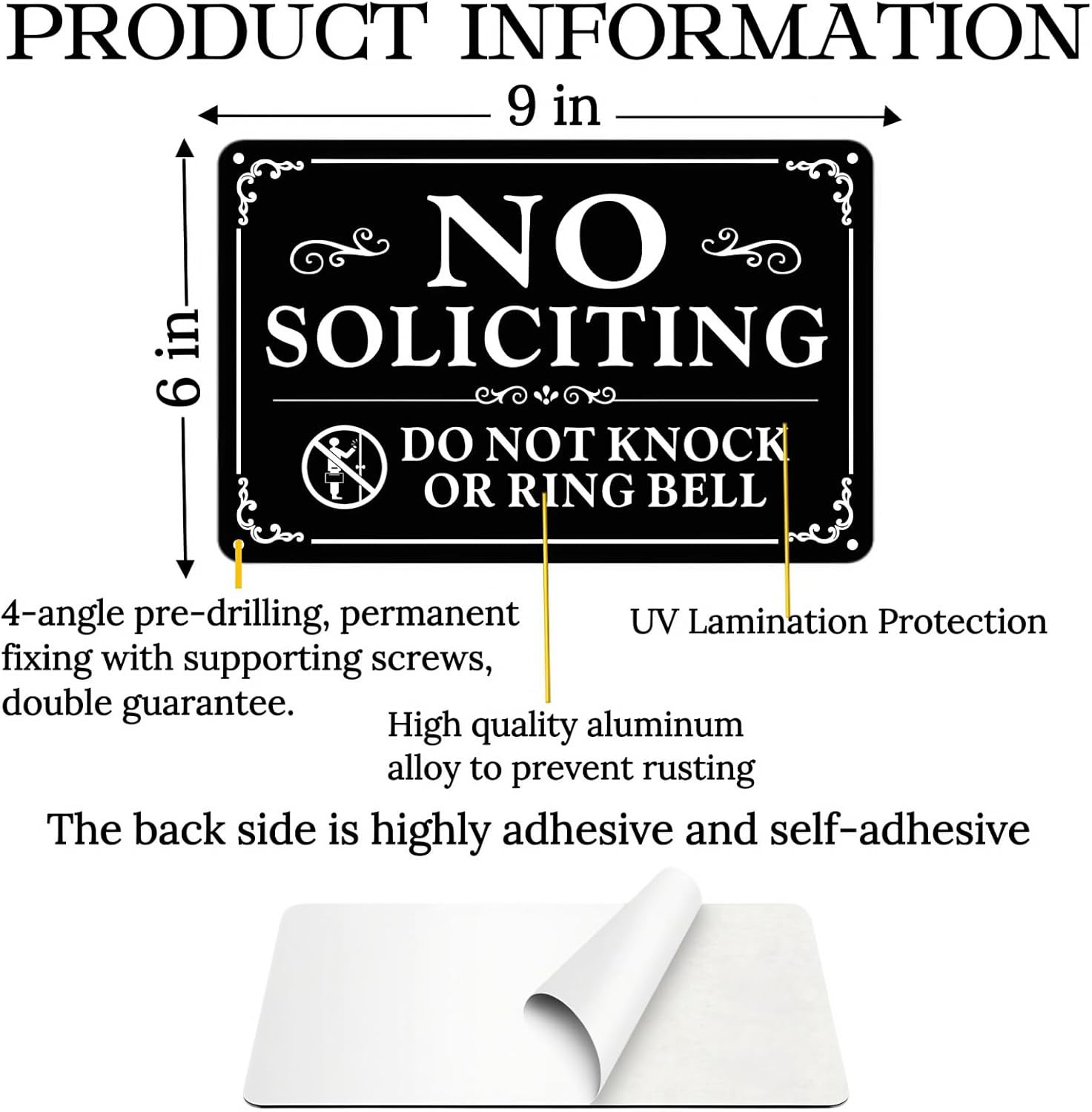 2 Pack No Soliciting Sign for Front Door,9 X 6 Inches Self-Adhesive No Solicitin