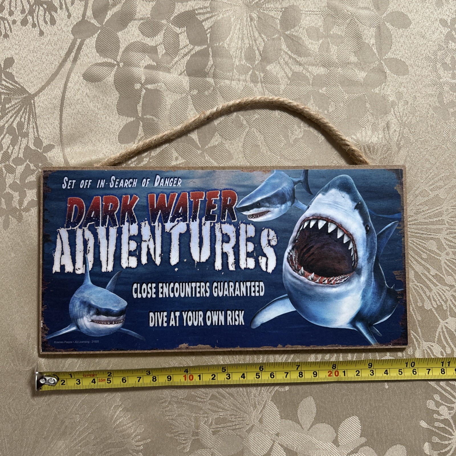 GREAT WHITE SHARK TOUR SIGN Nautical Beach Sailing Boat Home Decor Blue Wood