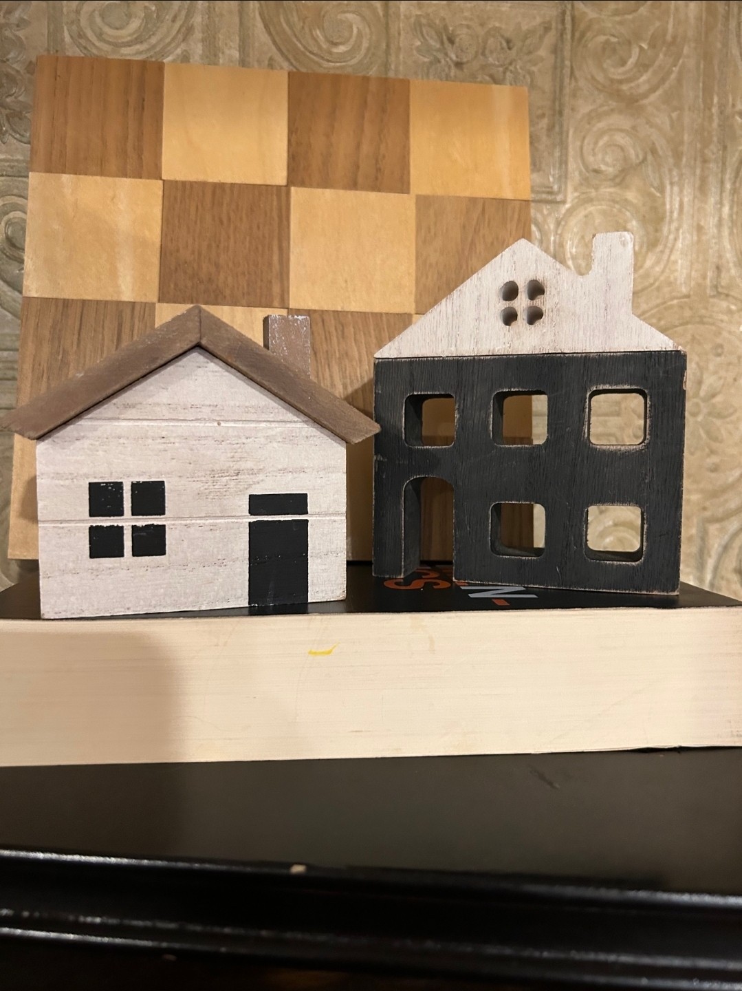 Set of 2 Black and White washed wood plank house with 3d wooden roof
