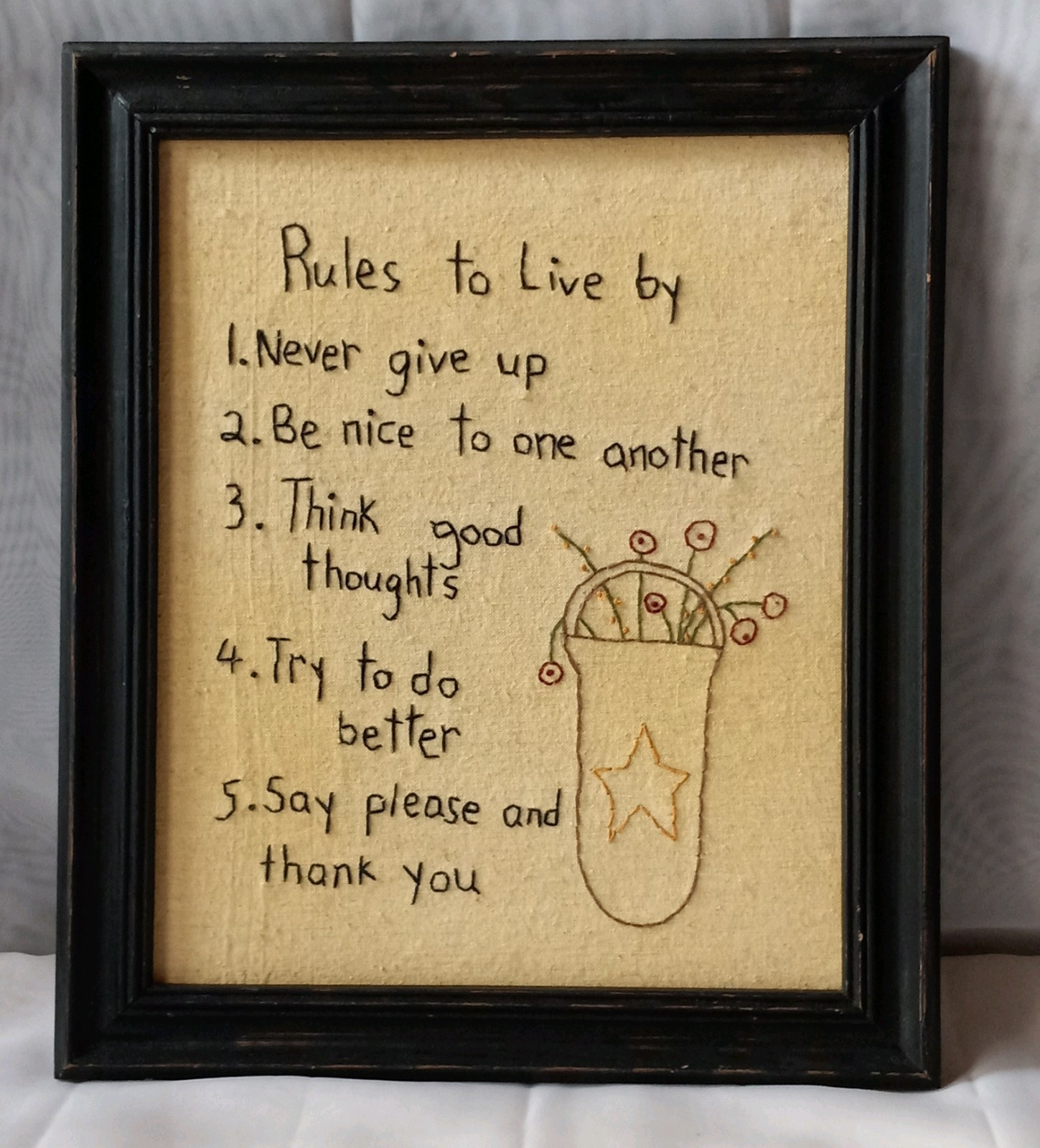 Framed Embroidered Stitcheries Sign – Rules To Live By Wall Hanging Decor. #R