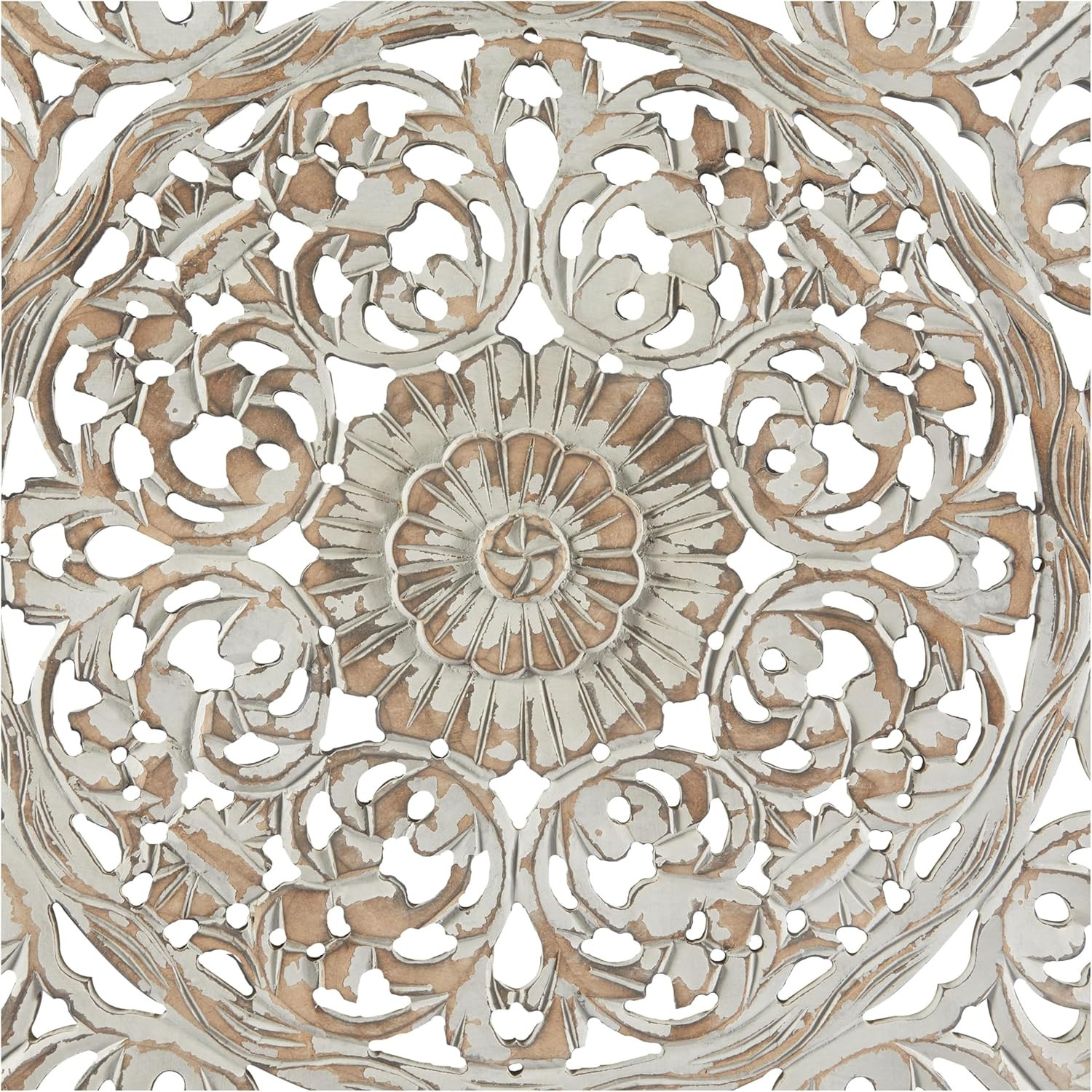 Handmade Wooden Floral Mandala Wall Art – 36″ Gray with Brown Distressing