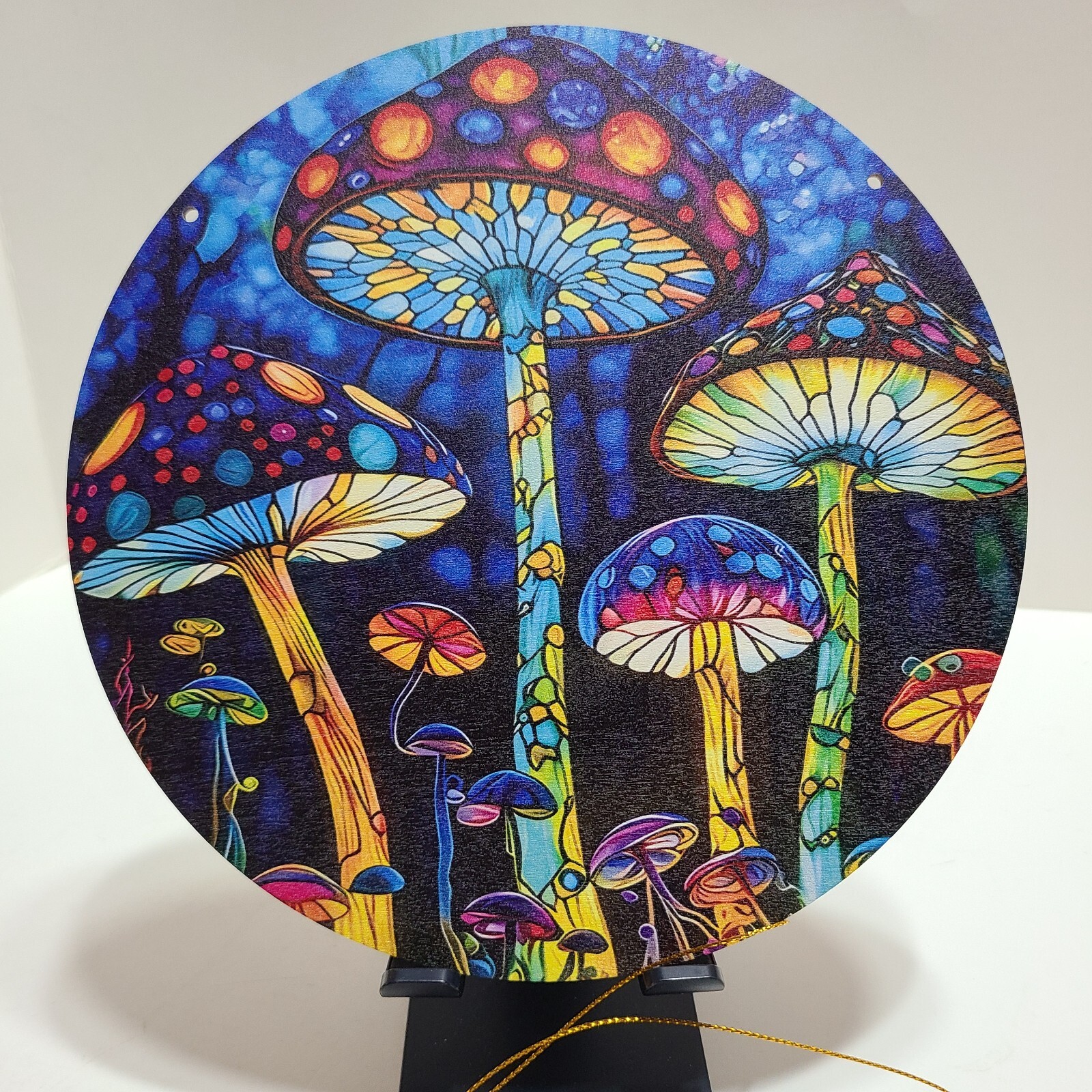 8″ Round Colorful 1-D Mushroom Wooden Hanging Plaque w/String.