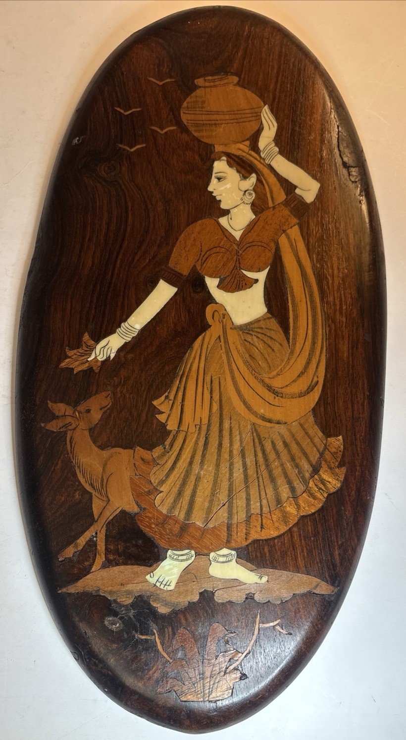 Vintage Indian Handcrafted Wood Inlay Wall Plaque Woman Deer 16” X 7” Boho Decor