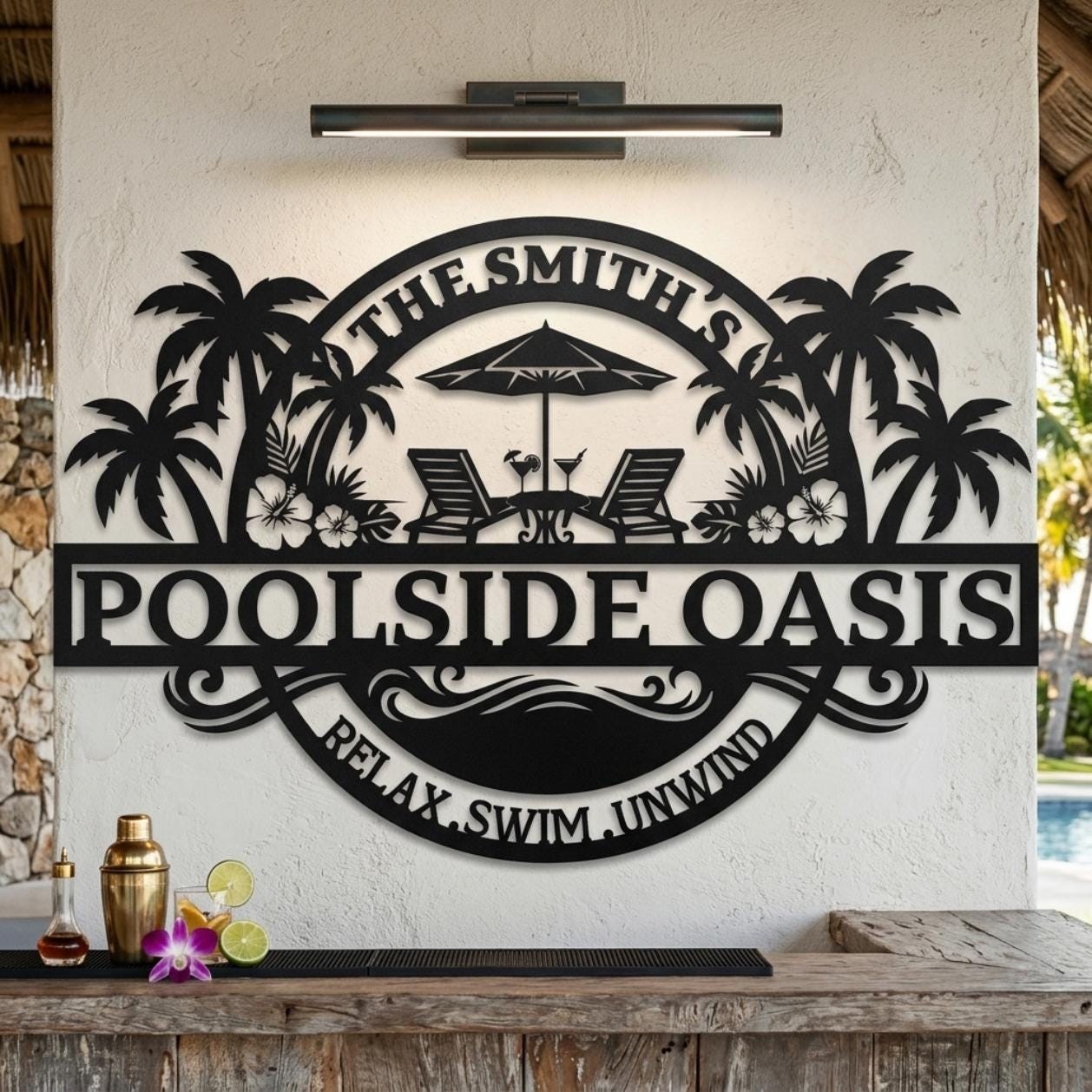 Custom Poolside Sign, Personalized Metal Pool Sign, Tropical Palm Patio Decor