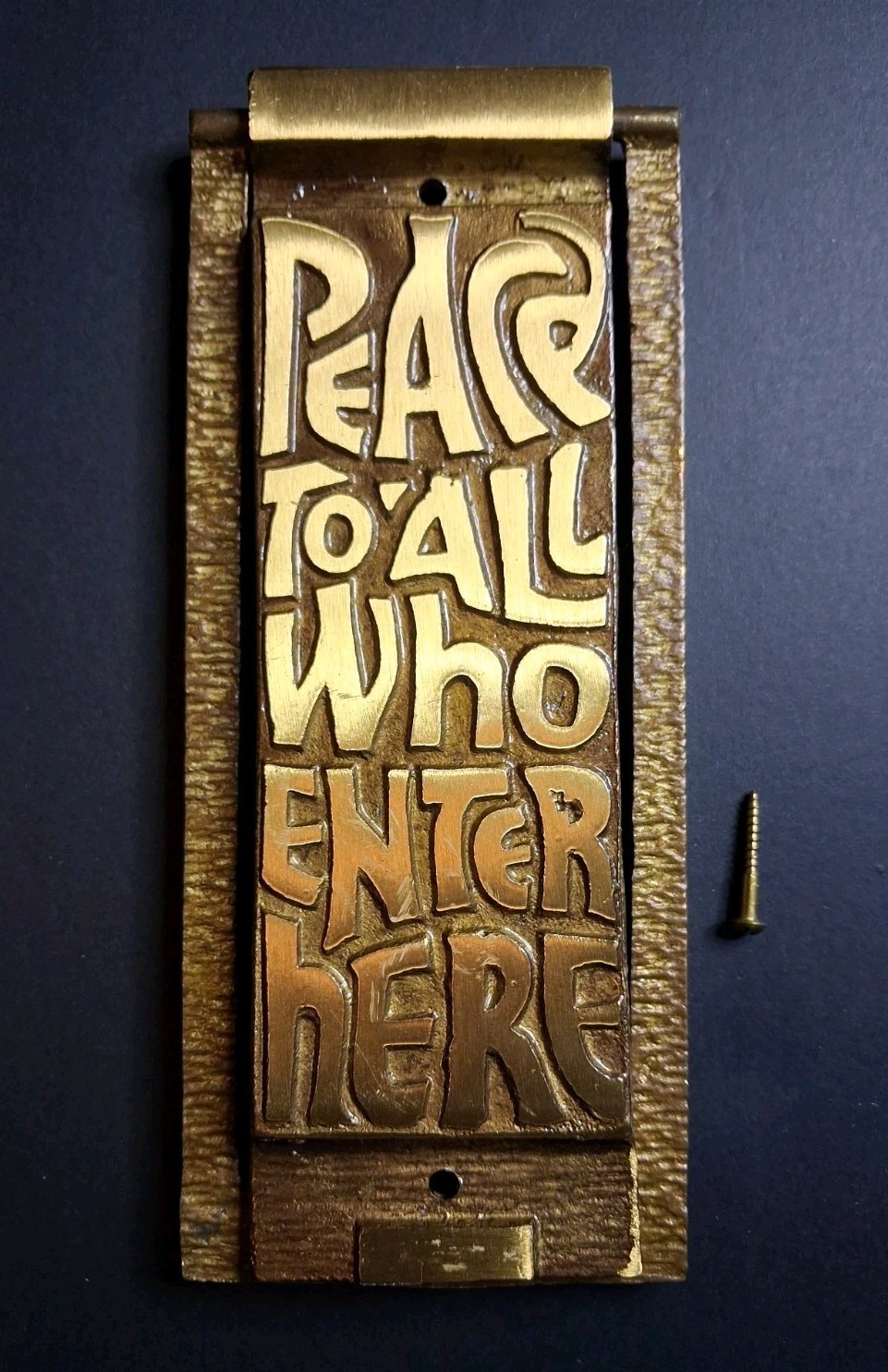 Vintage Religious Door Knocker “Peace To All Who Enter Here” Solid Brass